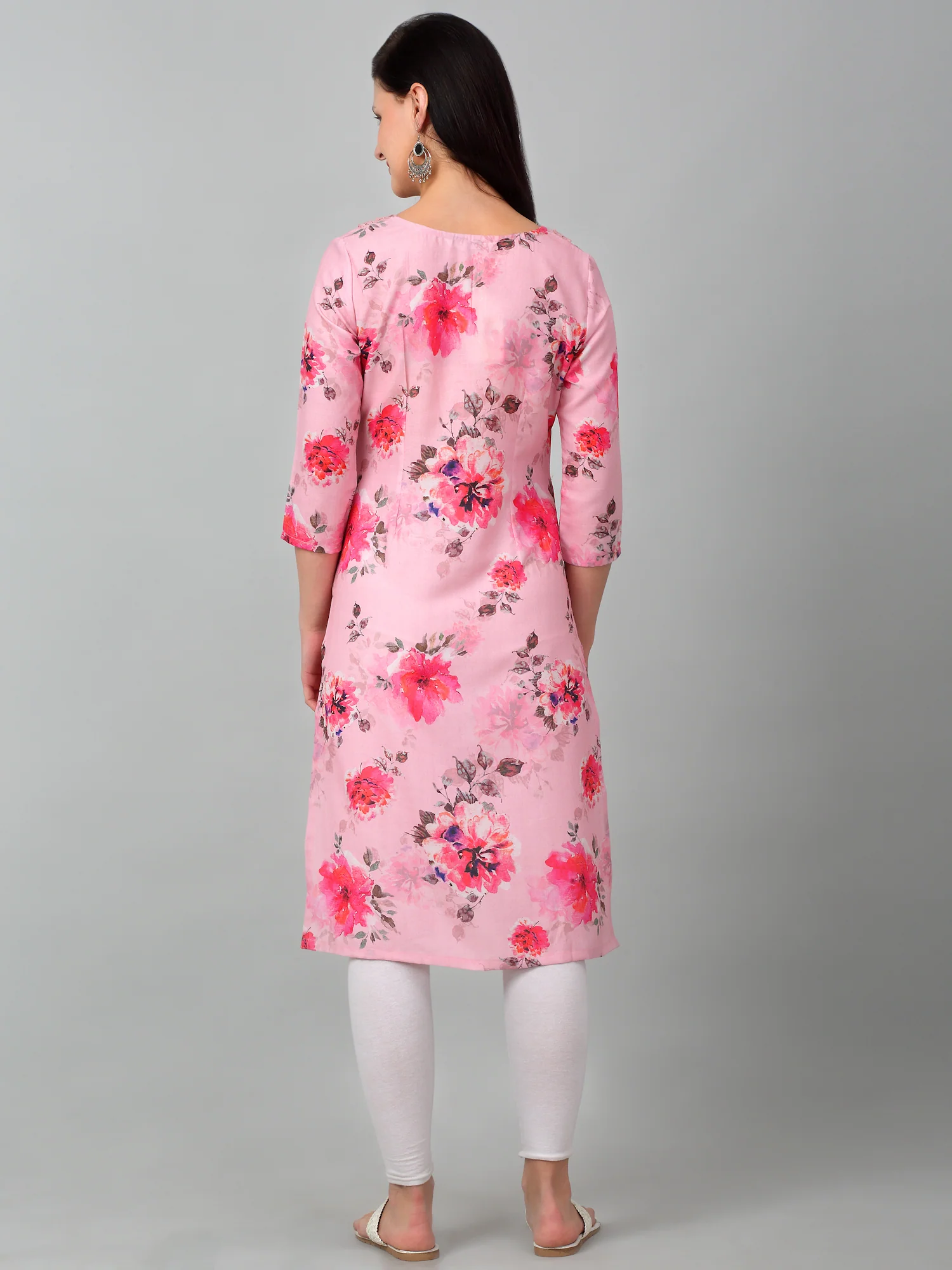 Women Pink Printed V Neck Long Kurti - Image 2