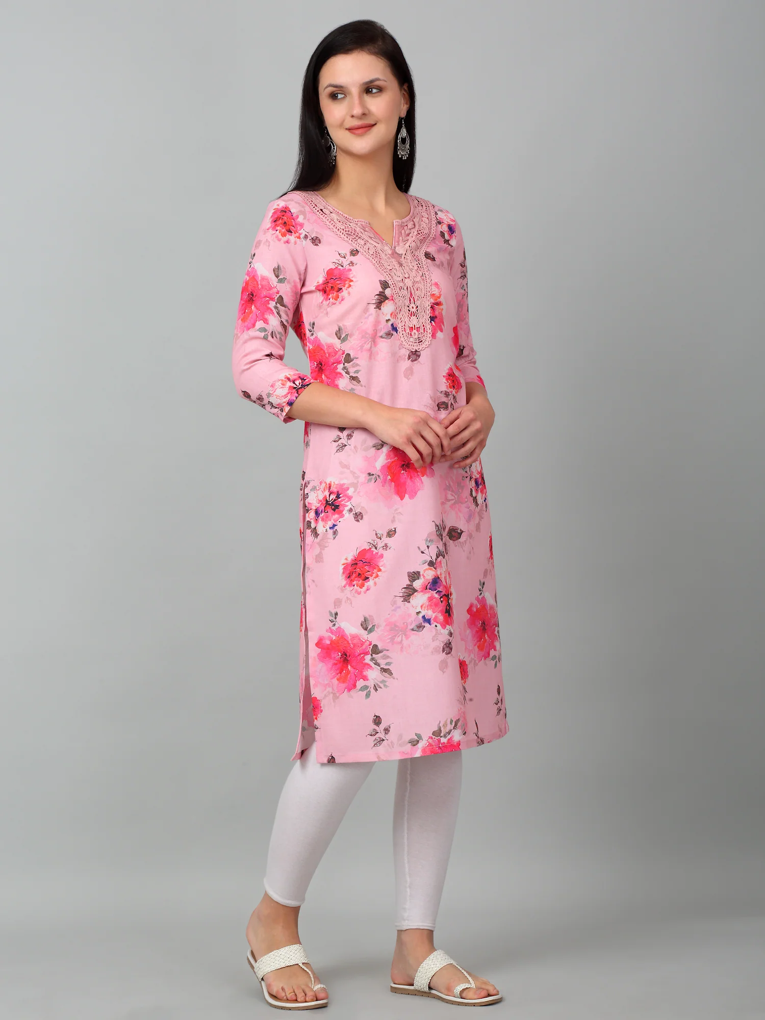 Women Pink Printed V Neck Long Kurti - Image 3