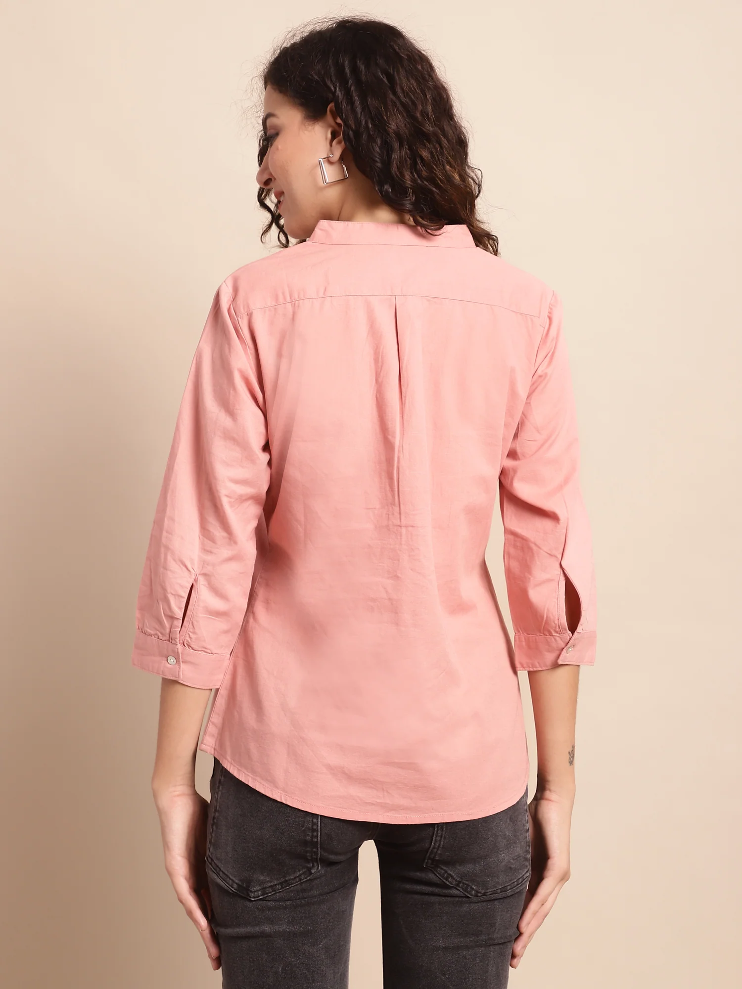 Women's Casual  Peach Solid Mandarin Collar Tunic - Image 2