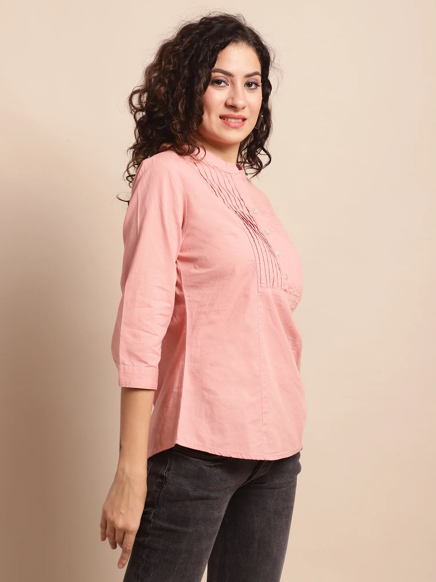 Women's Casual  Peach Solid Mandarin Collar Tunic - Image 3