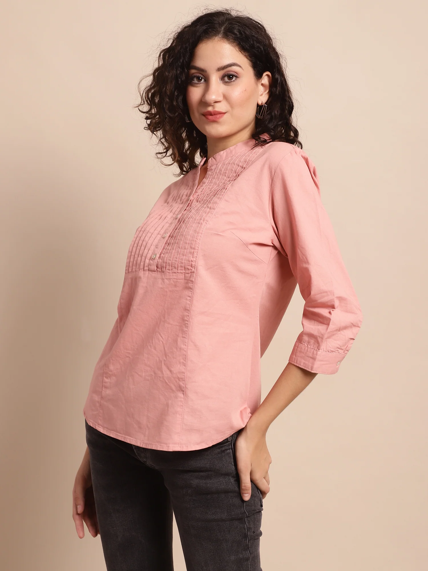 Women's Casual  Peach Solid Mandarin Collar Tunic - Image 4