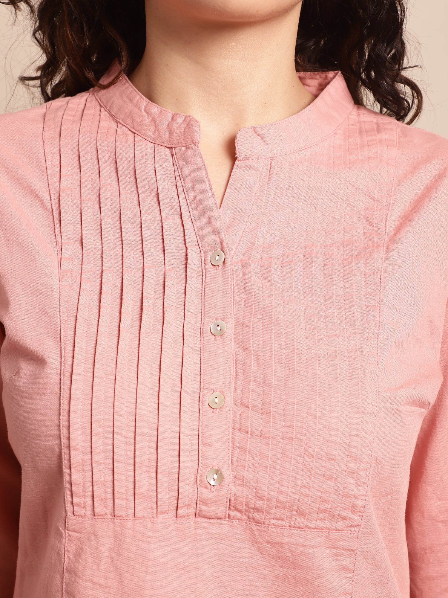Women's Casual  Peach Solid Mandarin Collar Tunic - Image 5