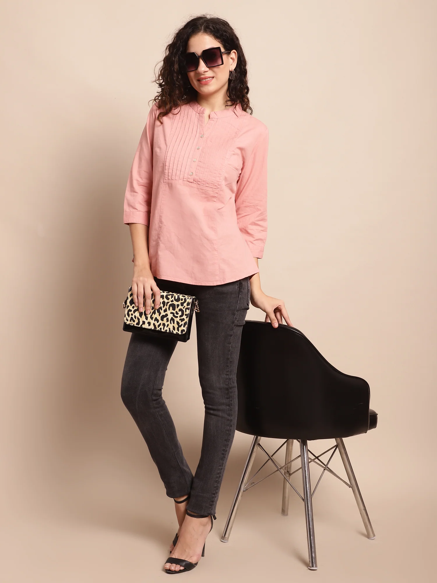 Women's Casual  Peach Solid Mandarin Collar Tunic - Image 6