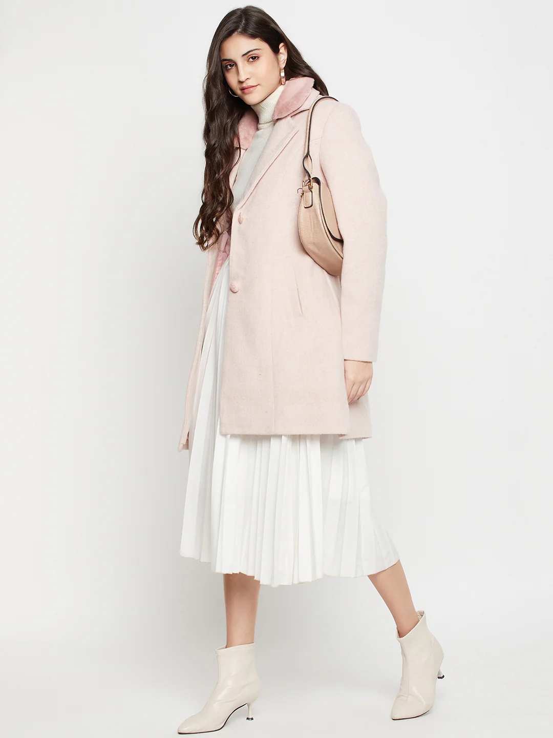 Women's Casual  Pink Single breasted  Notched Lapel Collar with Faux Fur insert Long Coat - Image 2