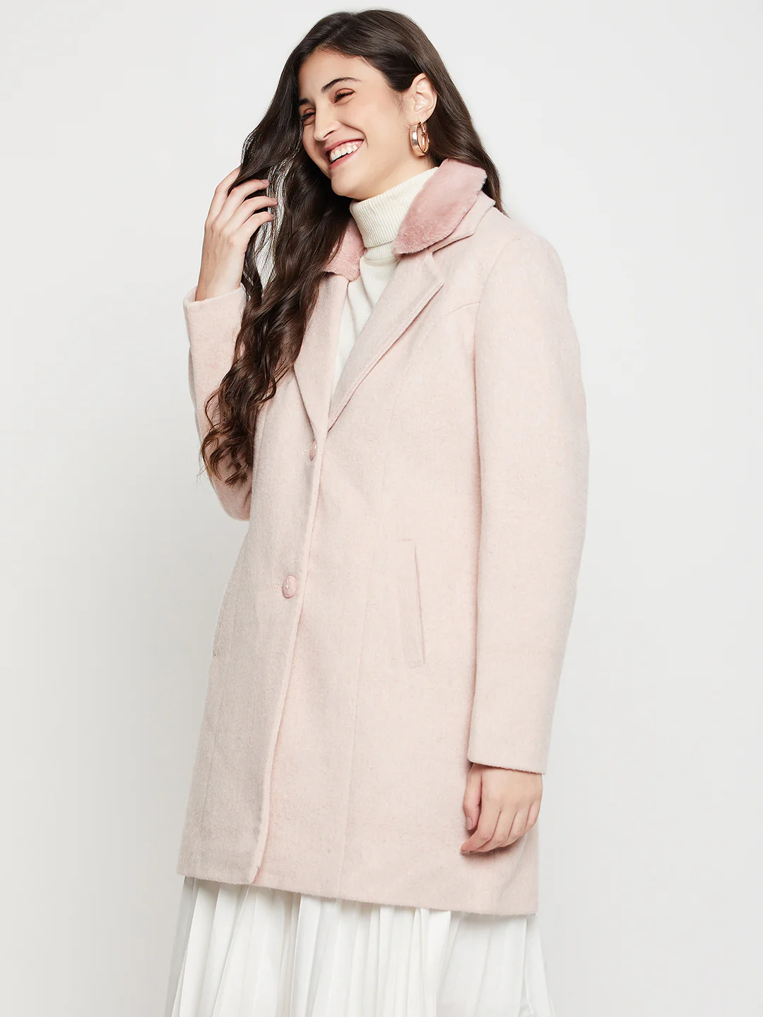 Women's Casual  Pink Single breasted  Notched Lapel Collar with Faux Fur insert Long Coat - Image 3