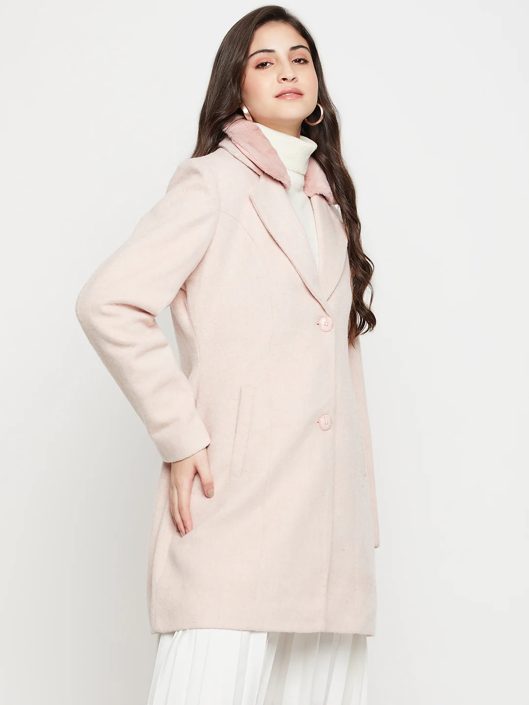 Women's Casual  Pink Single breasted  Notched Lapel Collar with Faux Fur insert Long Coat - Image 4
