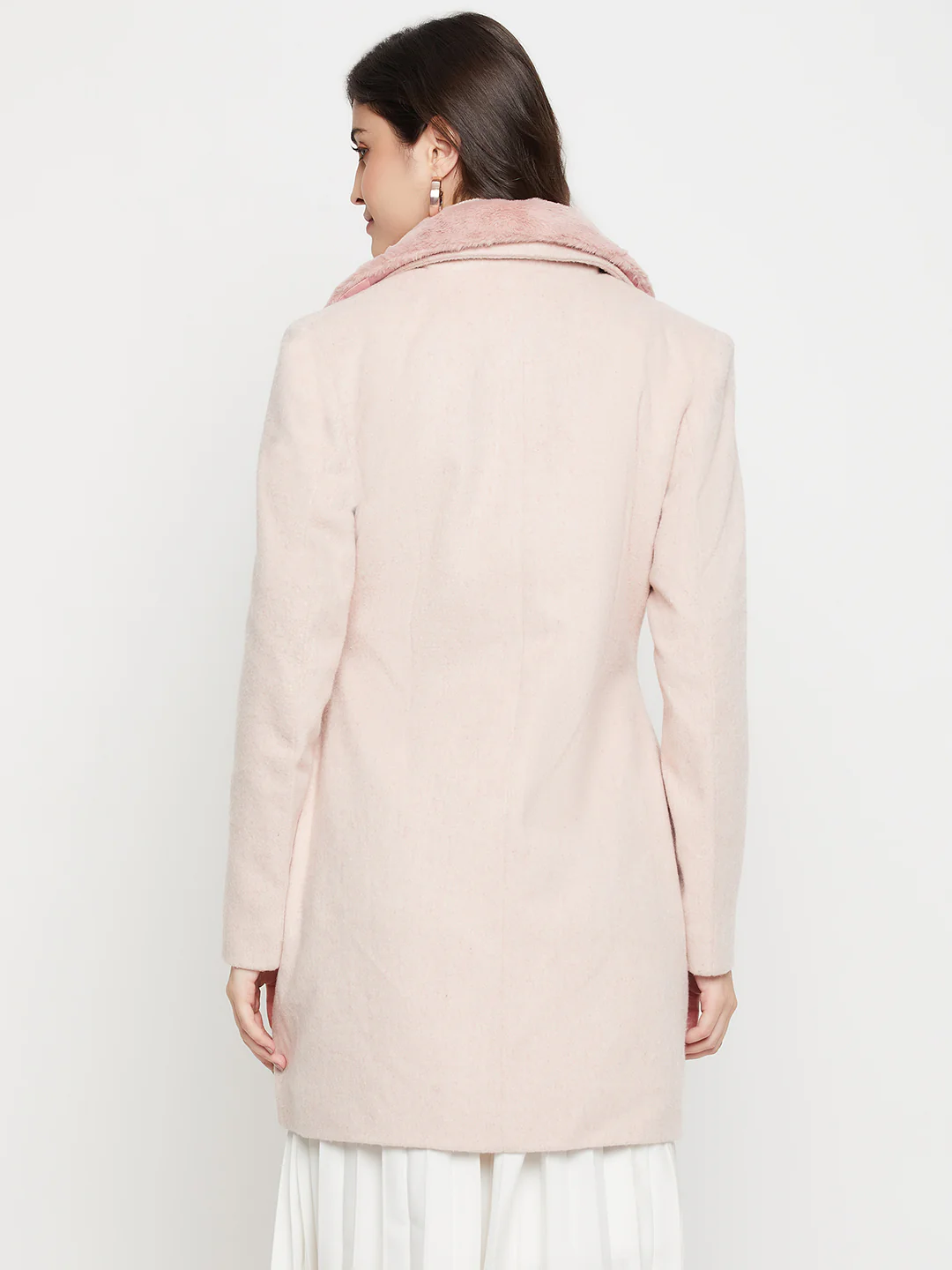Women's Casual  Pink Single breasted  Notched Lapel Collar with Faux Fur insert Long Coat - Image 5