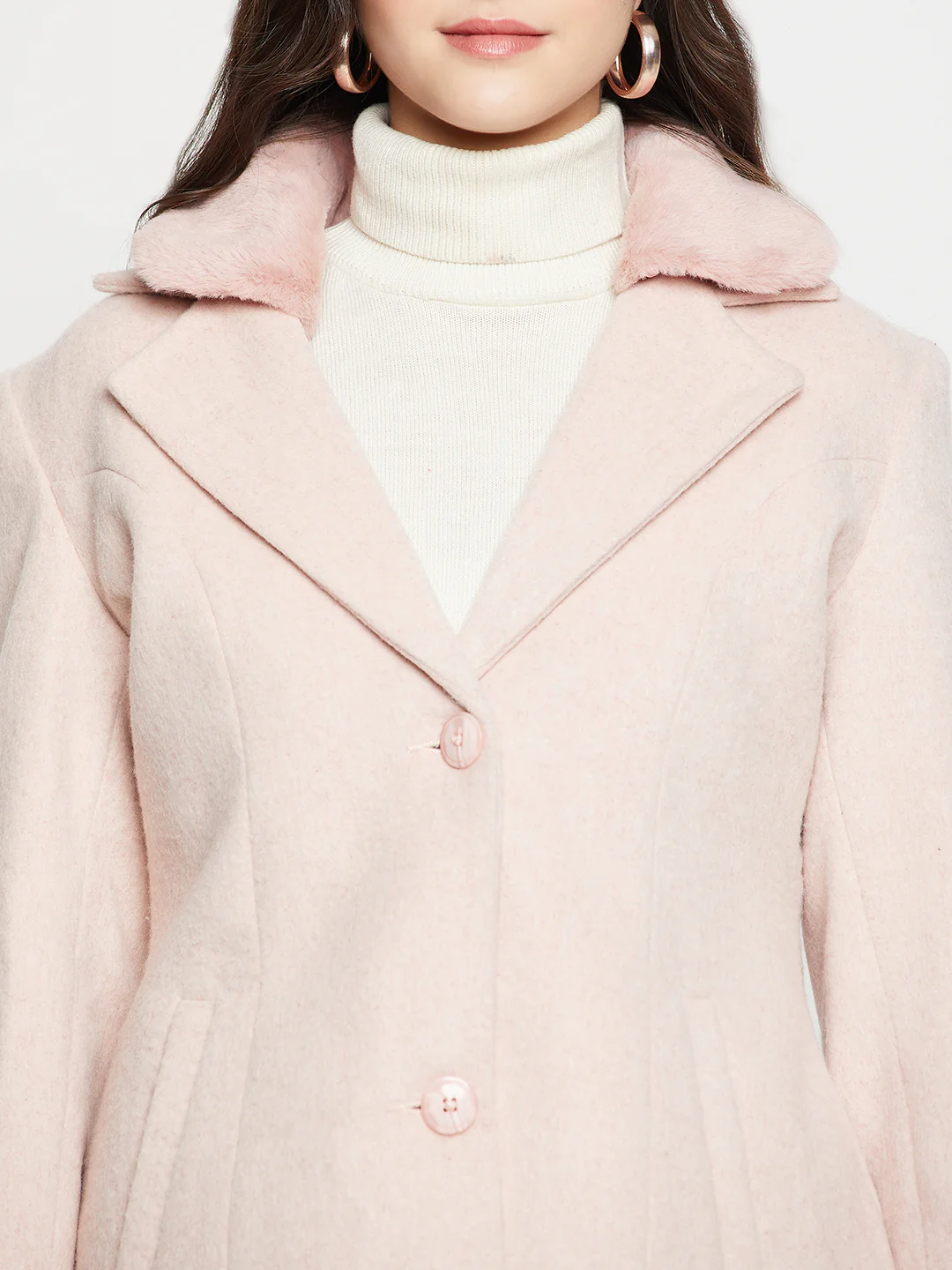 Women's Casual  Pink Single breasted  Notched Lapel Collar with Faux Fur insert Long Coat - Image 6