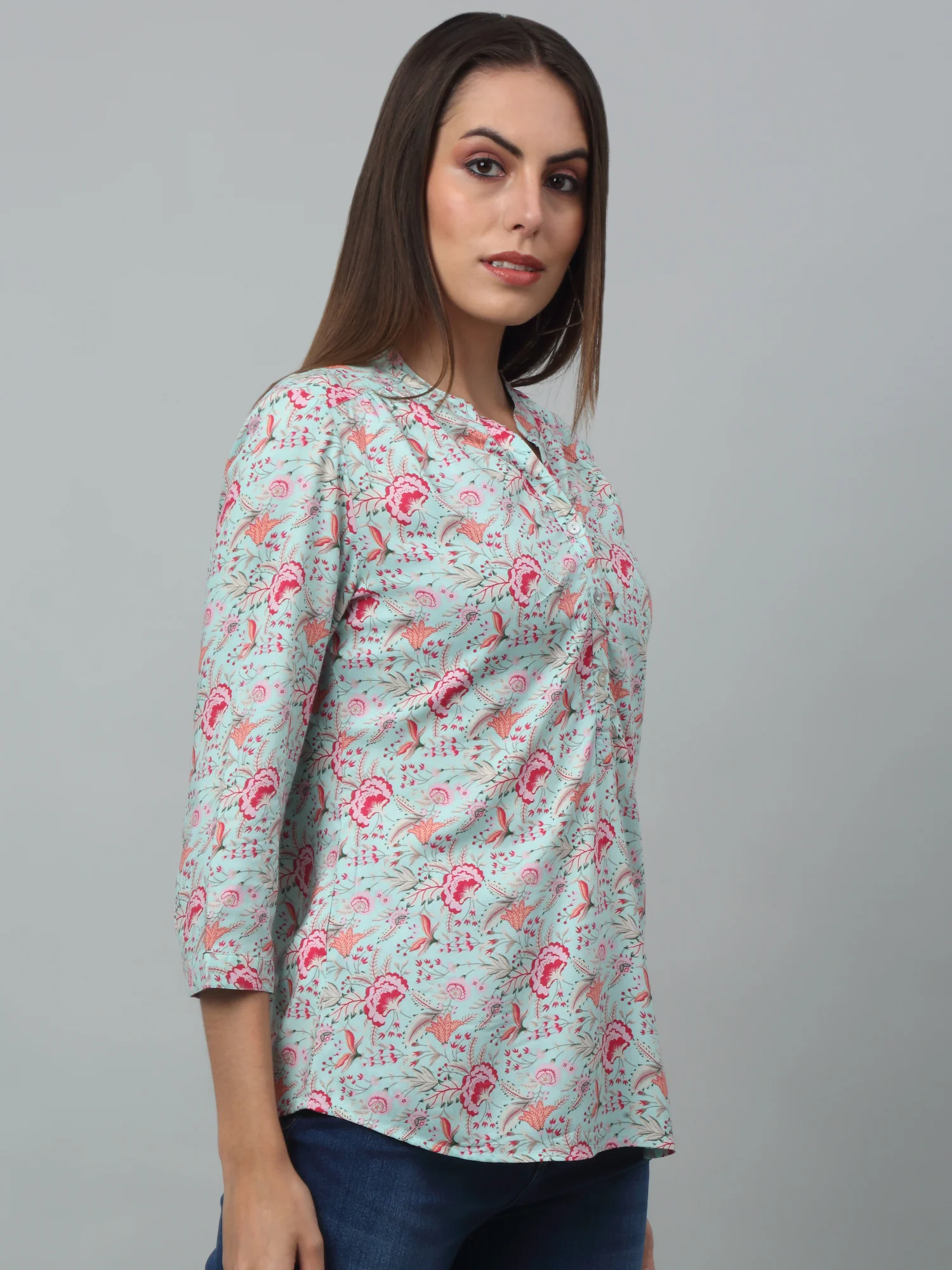 Women's Casual  Multi Color Floral Print Mandarin Collar Tunic - Image 2