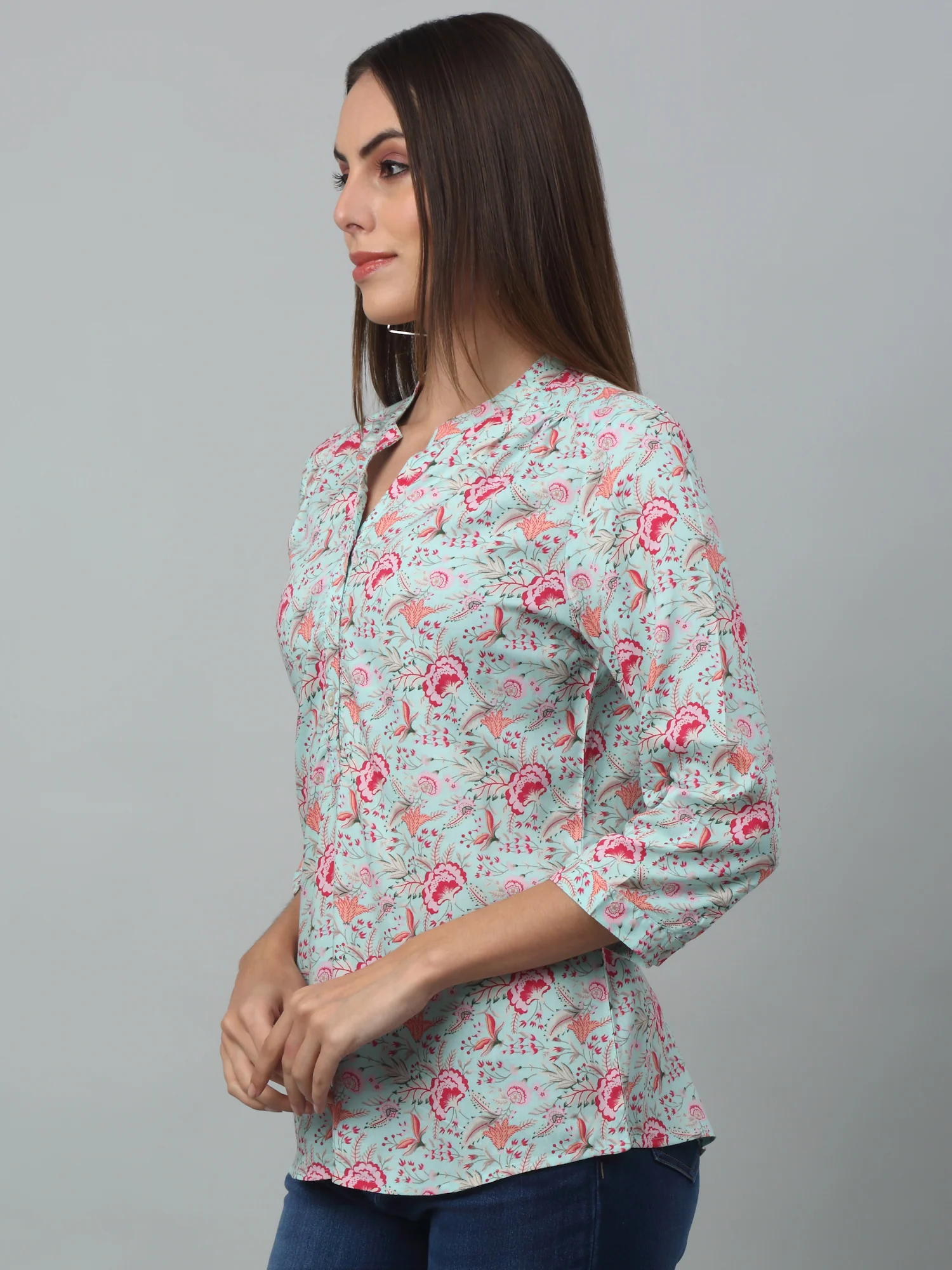 Women's Casual  Multi Color Floral Print Mandarin Collar Tunic - Image 3
