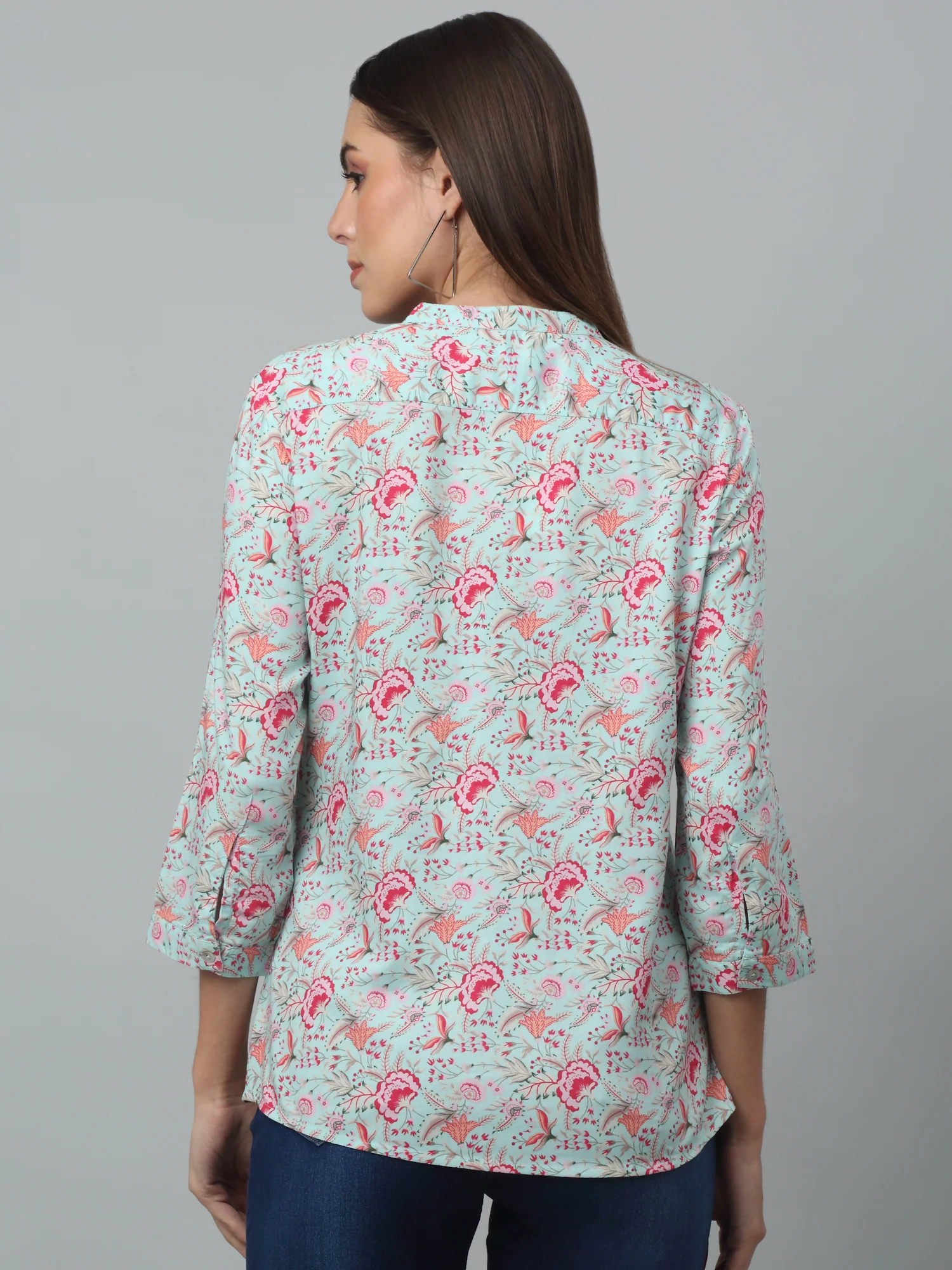 Women's Casual  Multi Color Floral Print Mandarin Collar Tunic - Image 4