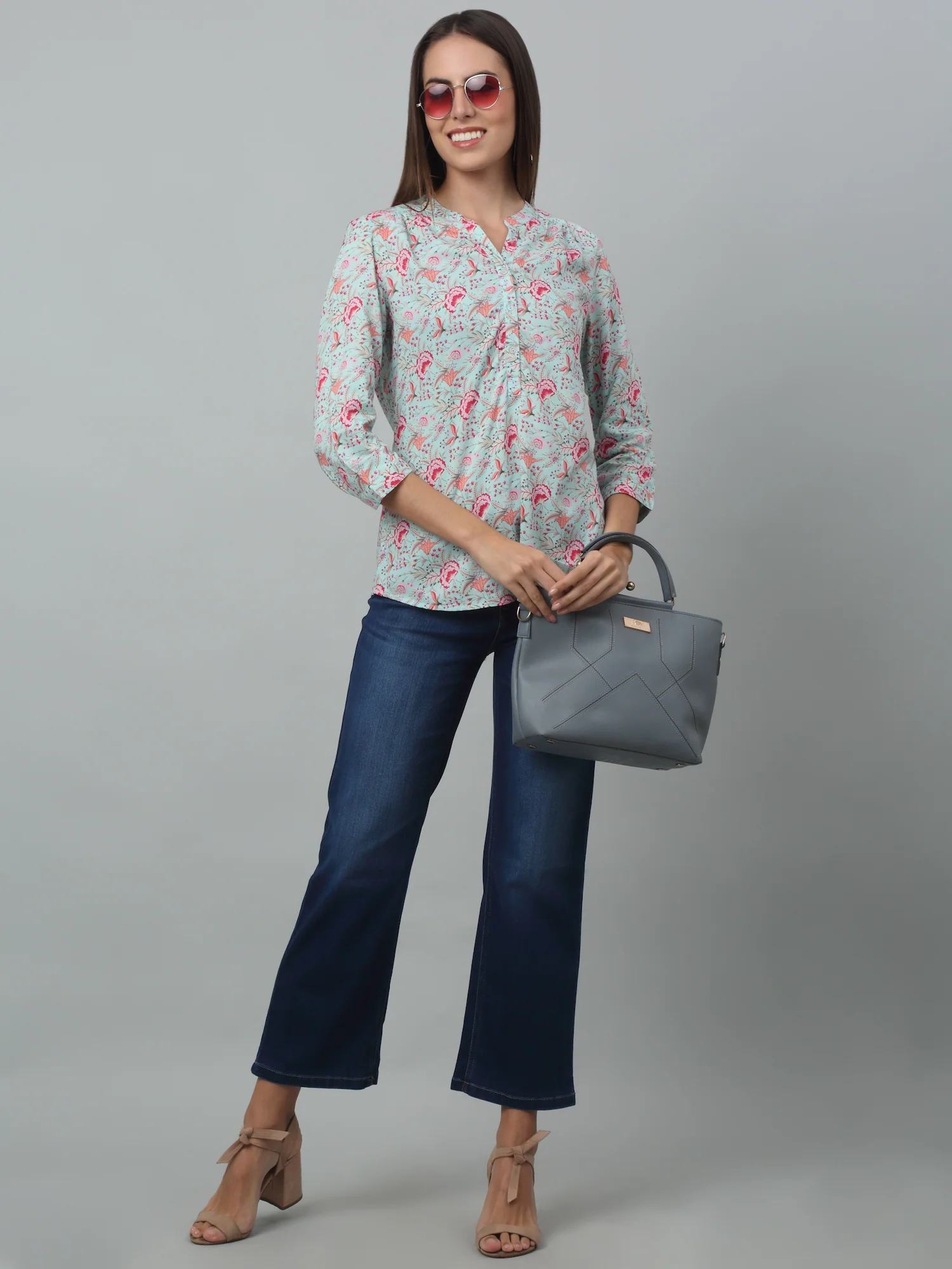 Women's Casual  Multi Color Floral Print Mandarin Collar Tunic - Image 5