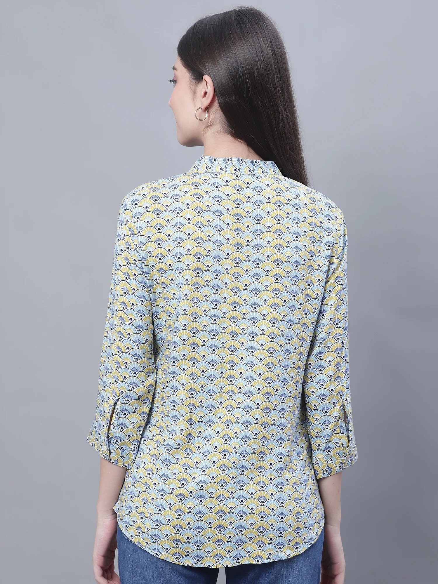 Women's Casual  Multi Color Tile Print Mandarin Collar Tunic - Image 2