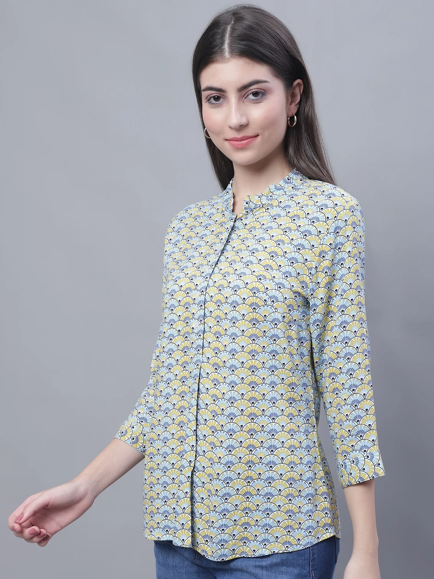 Women's Casual  Multi Color Tile Print Mandarin Collar Tunic - Image 3