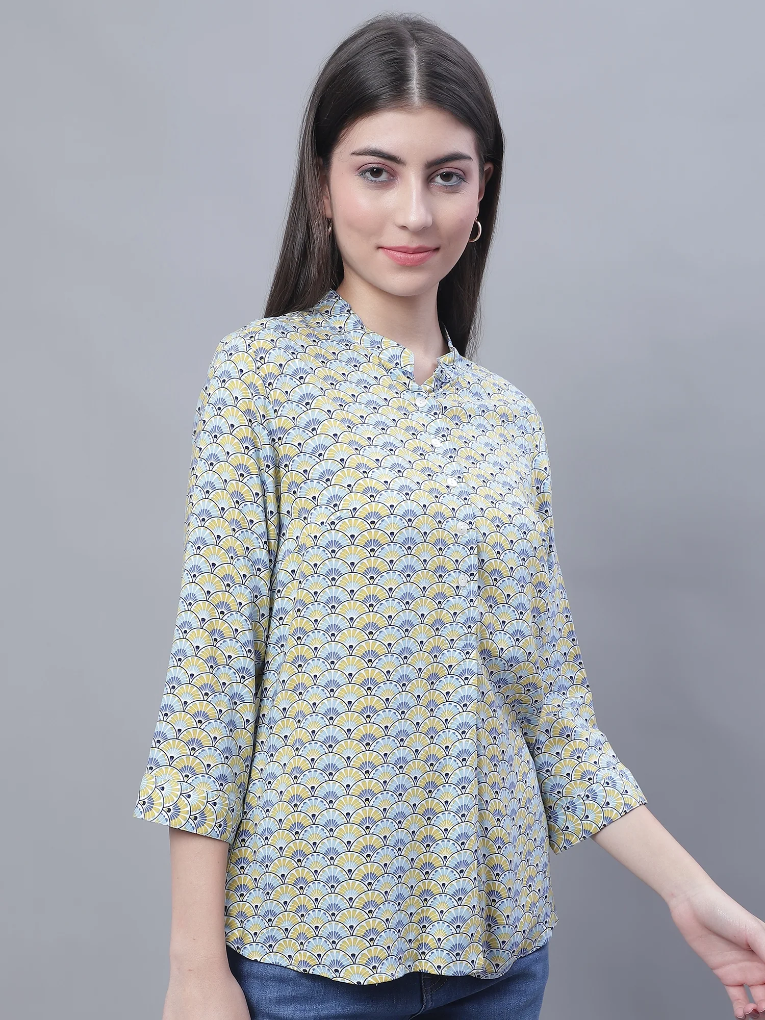 Women's Casual  Multi Color Tile Print Mandarin Collar Tunic - Image 4
