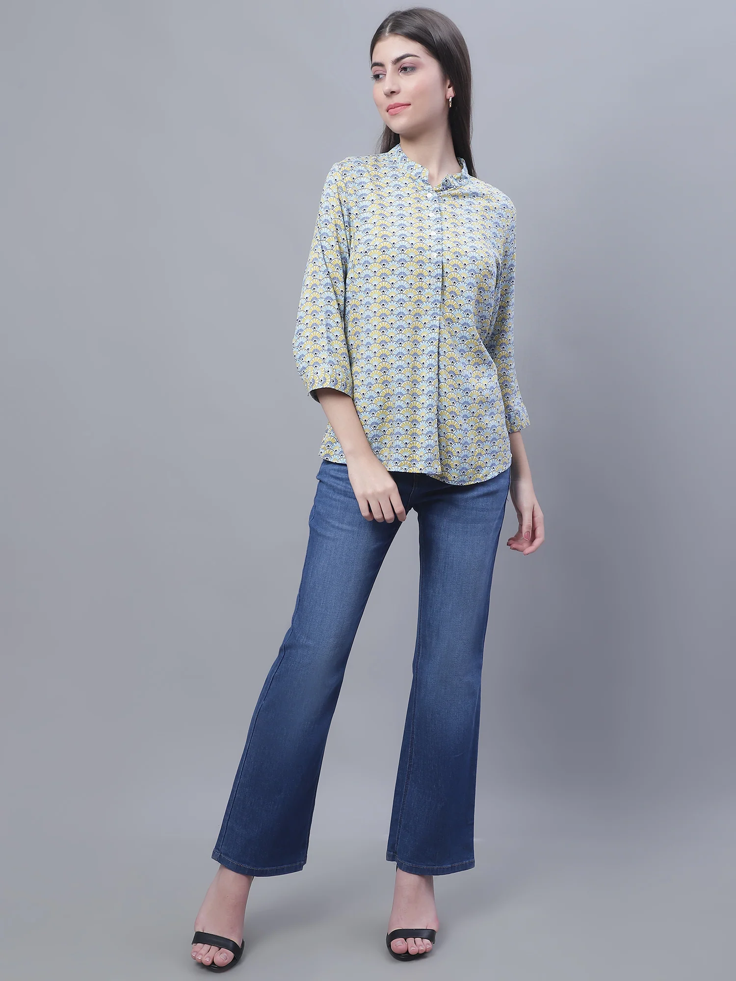 Women's Casual  Multi Color Tile Print Mandarin Collar Tunic - Image 5