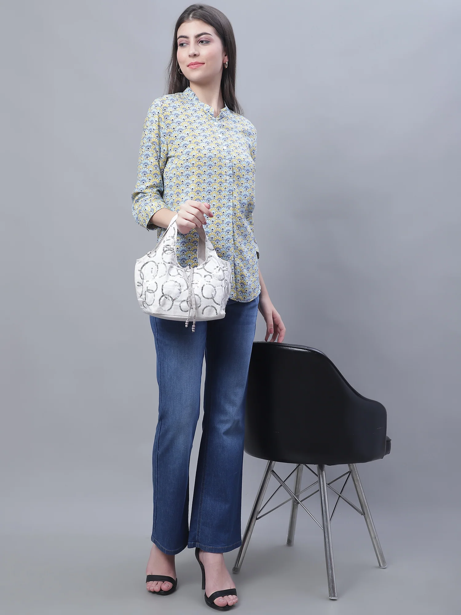 Women's Casual  Multi Color Tile Print Mandarin Collar Tunic - Image 6