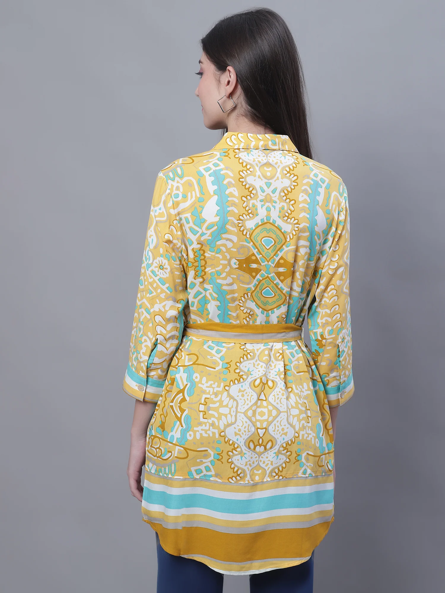 Women's Casual  Mustard Border Print Spread Collar Tunic - Image 2