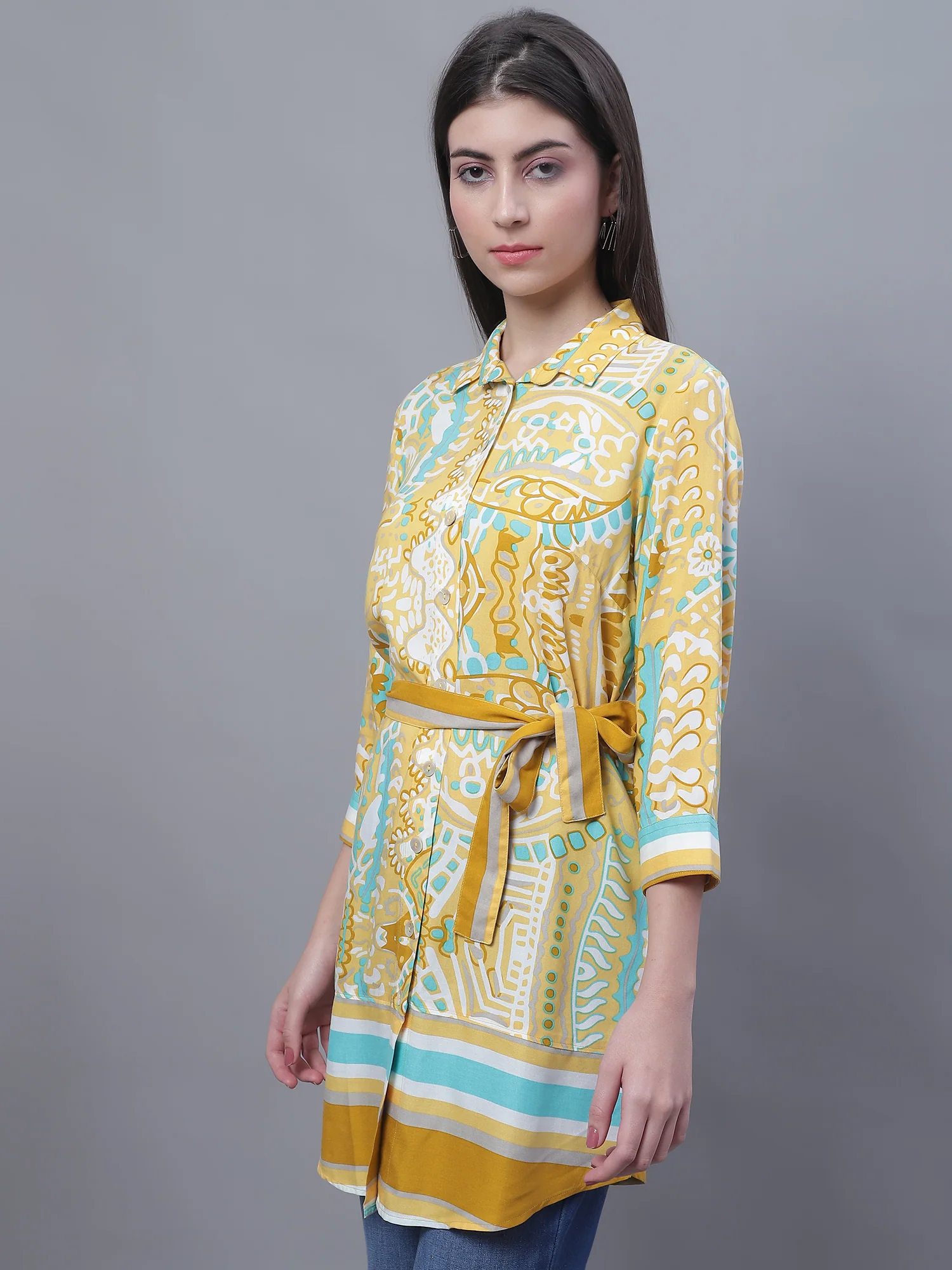 Women's Casual  Mustard Border Print Spread Collar Tunic - Image 3