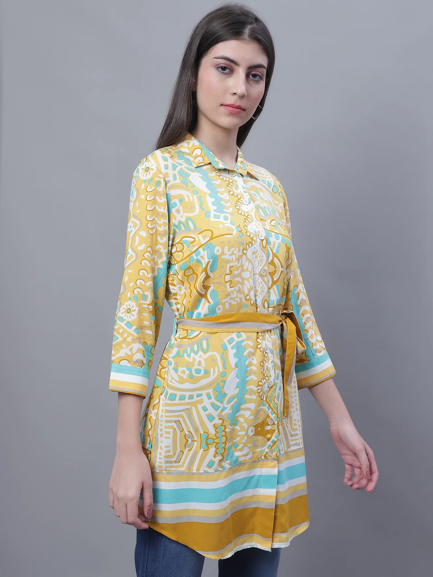 Women's Casual  Mustard Border Print Spread Collar Tunic - Image 4