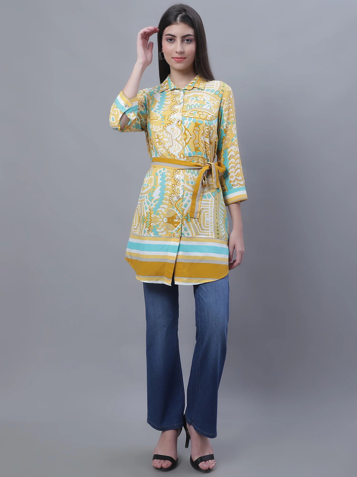 Women's Casual  Mustard Border Print Spread Collar Tunic - Image 5