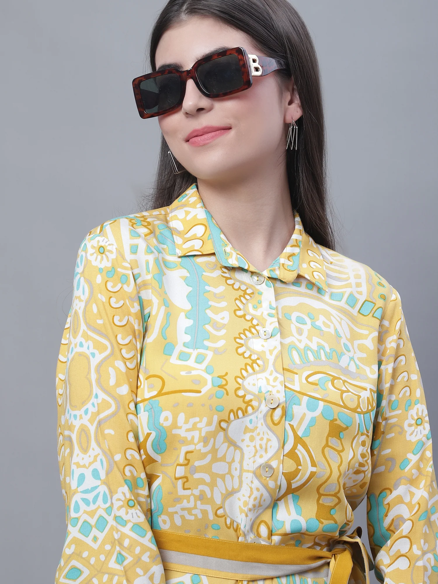 Women's Casual  Mustard Border Print Spread Collar Tunic - Image 6