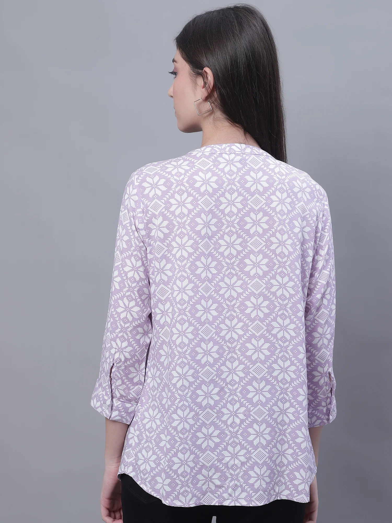 Women's Casual  Purple Floral Print Mandarin Collar Tunic - Image 2