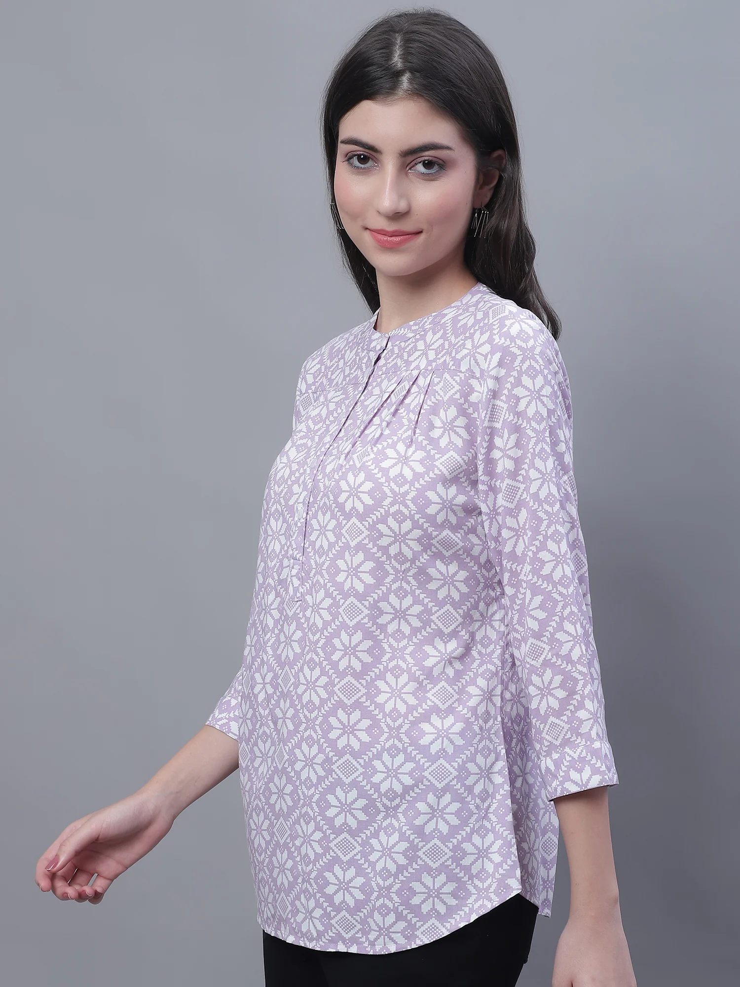 Women's Casual  Purple Floral Print Mandarin Collar Tunic - Image 3