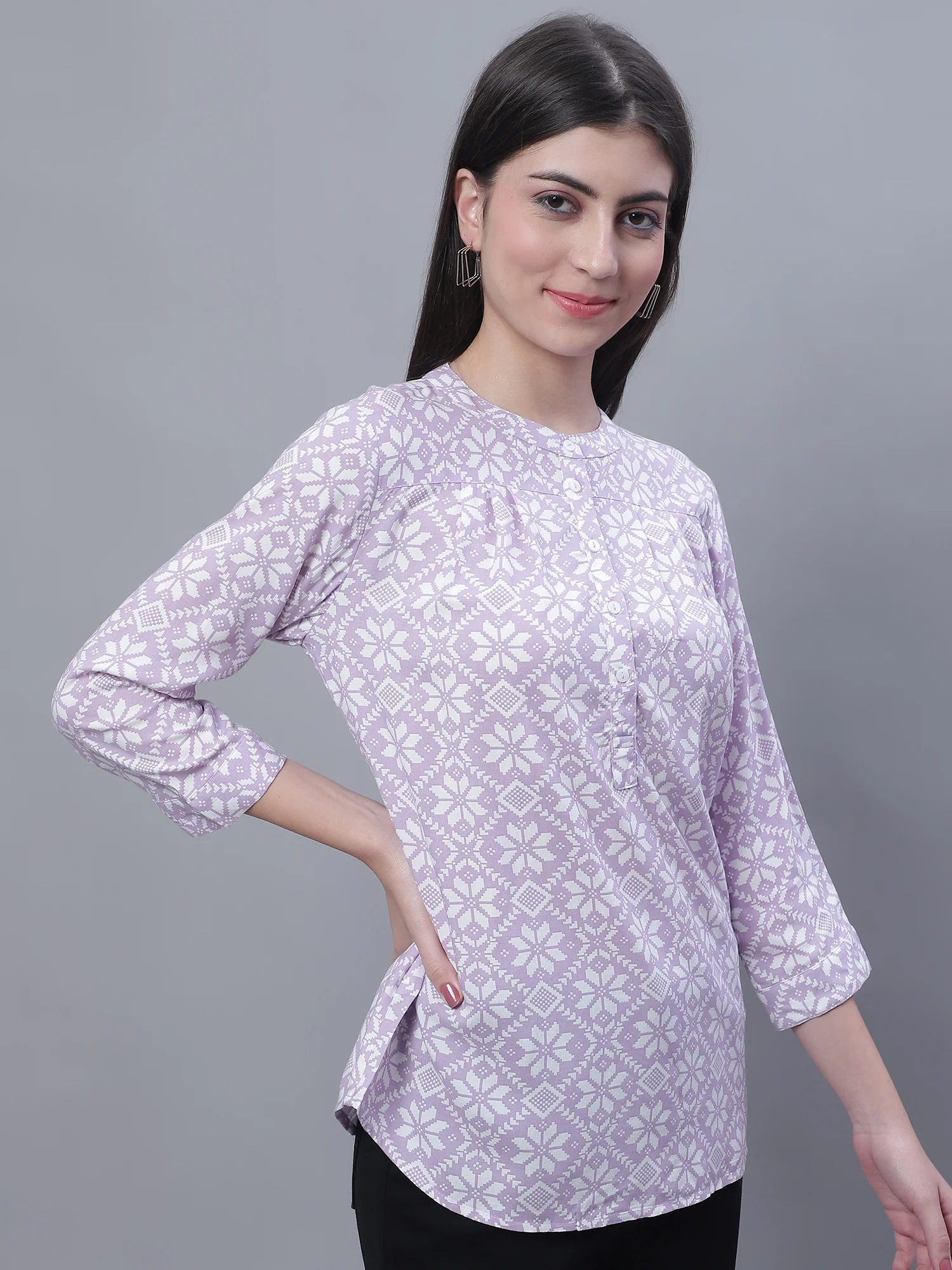Women's Casual  Purple Floral Print Mandarin Collar Tunic - Image 4