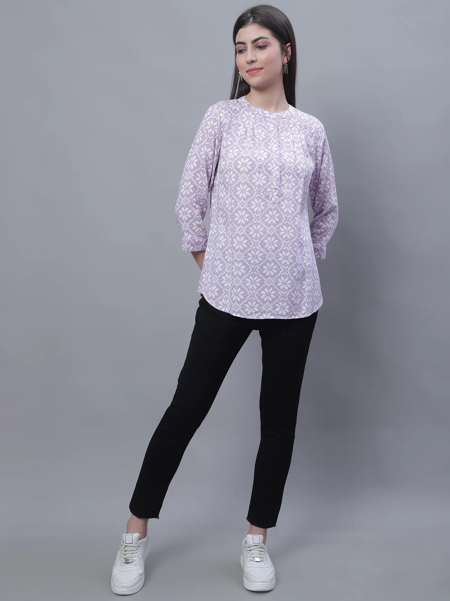 Women's Casual  Purple Floral Print Mandarin Collar Tunic - Image 5