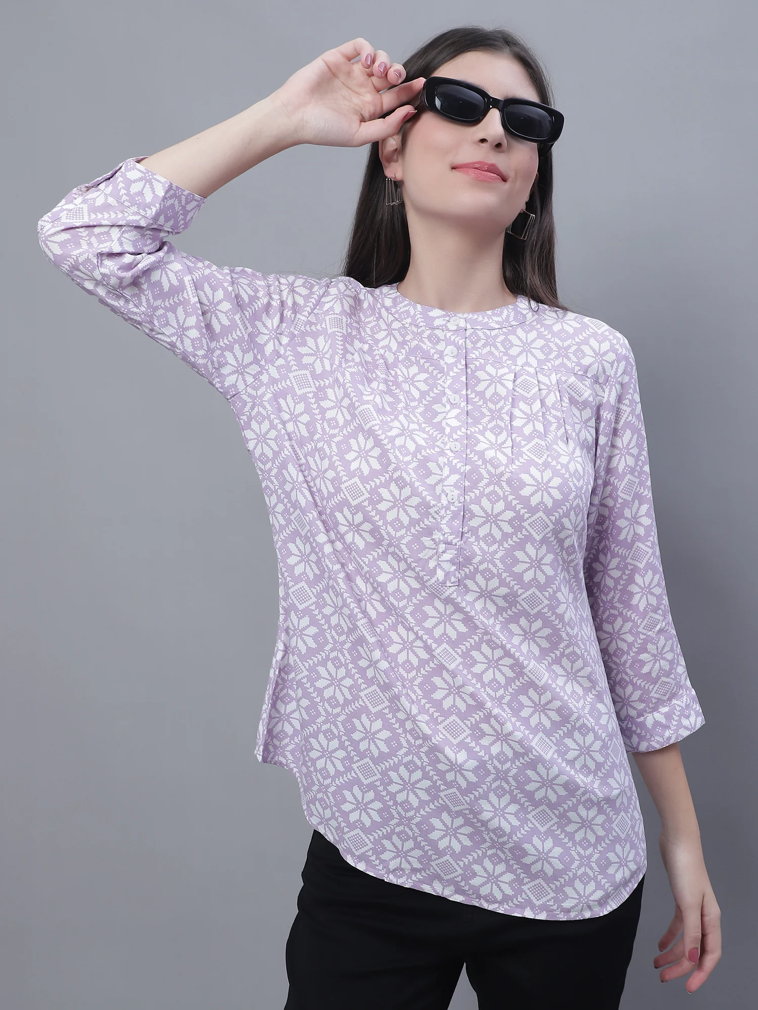 Women's Casual  Purple Floral Print Mandarin Collar Tunic - Image 6