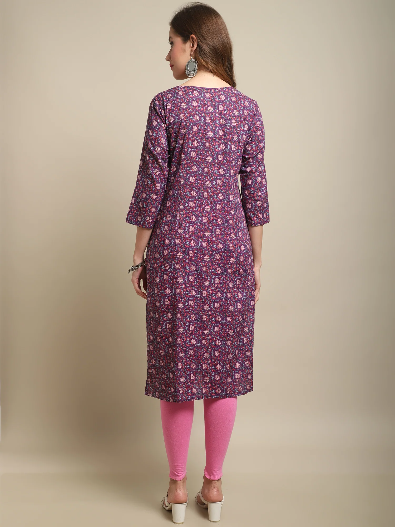 Women's Casual Round neck Purple All over Printed Knee length Kurti - Image 2