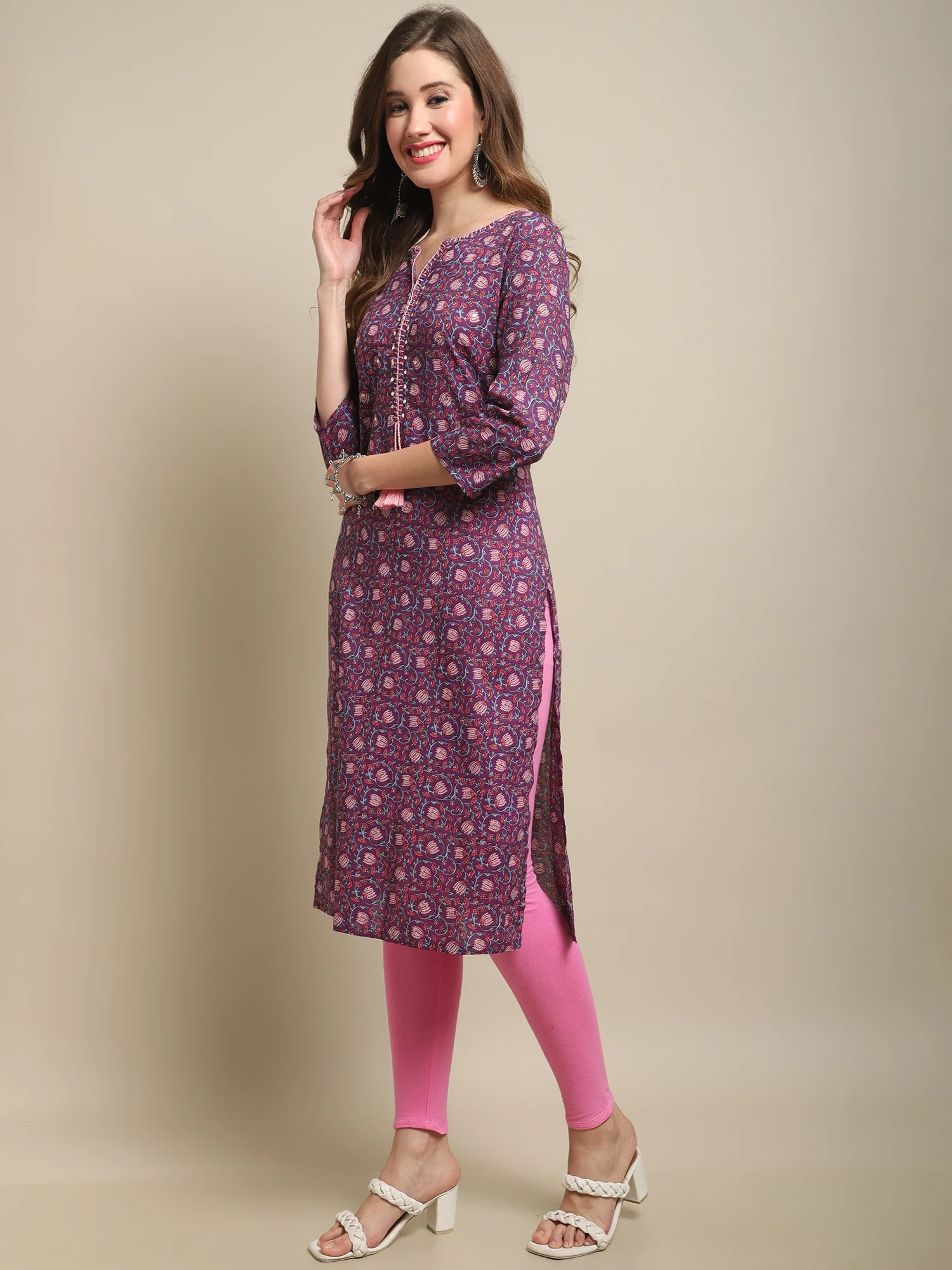 Women's Casual Round neck Purple All over Printed Knee length Kurti - Image 3