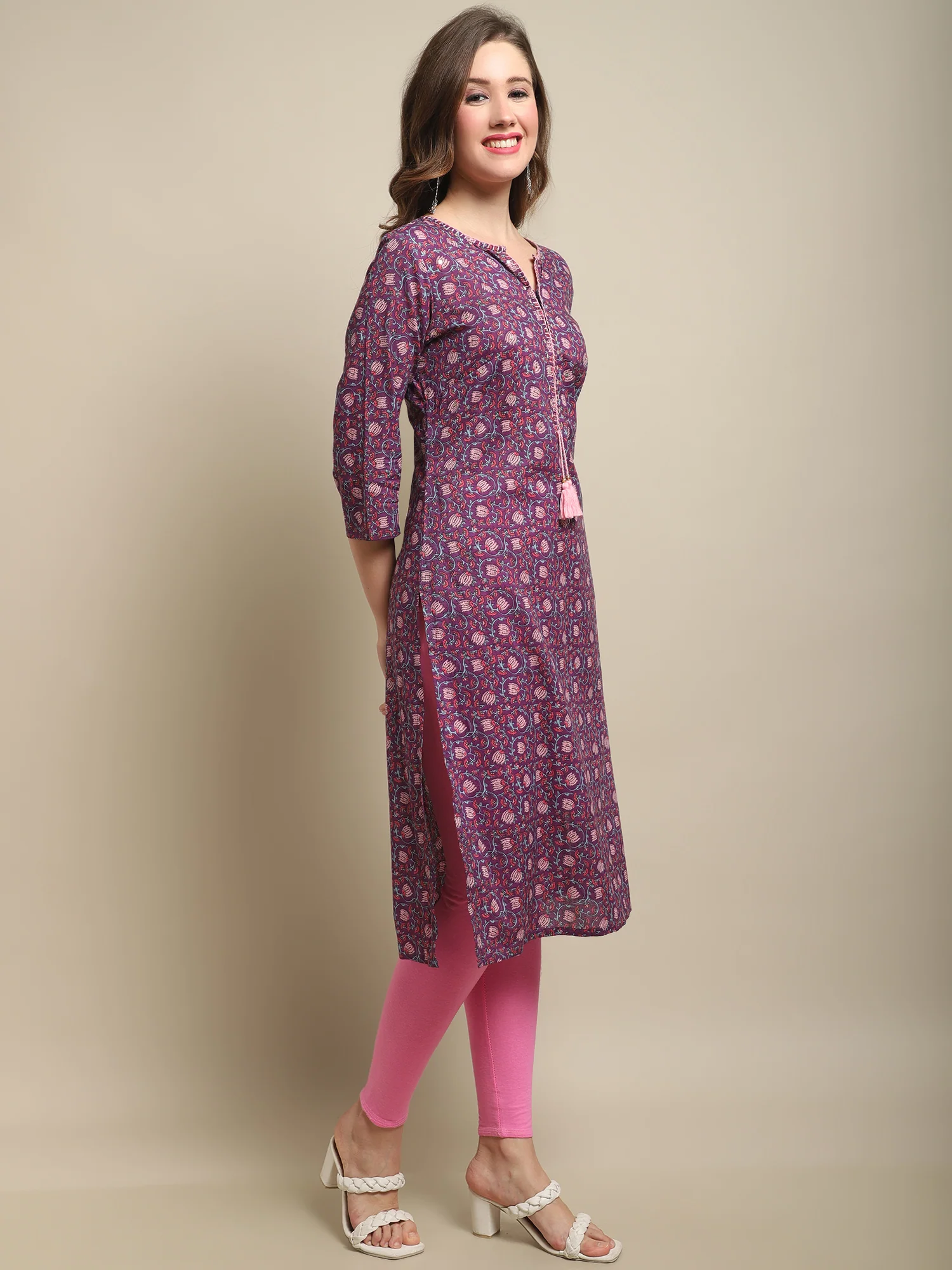Women's Casual Round neck Purple All over Printed Knee length Kurti - Image 4