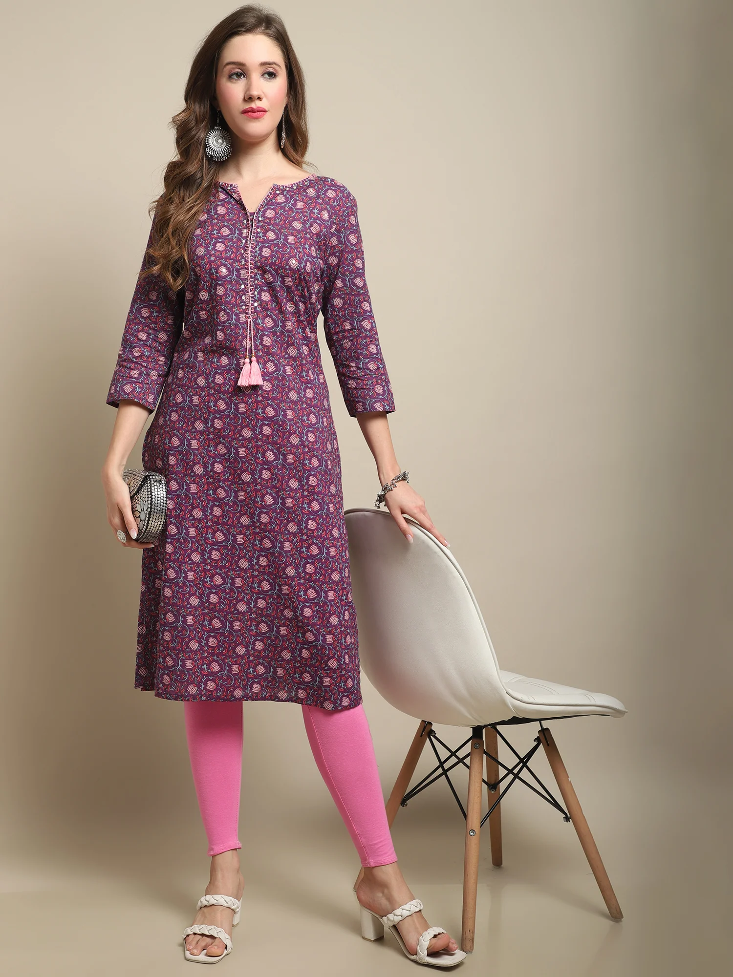Women's Casual Round neck Purple All over Printed Knee length Kurti - Image 5