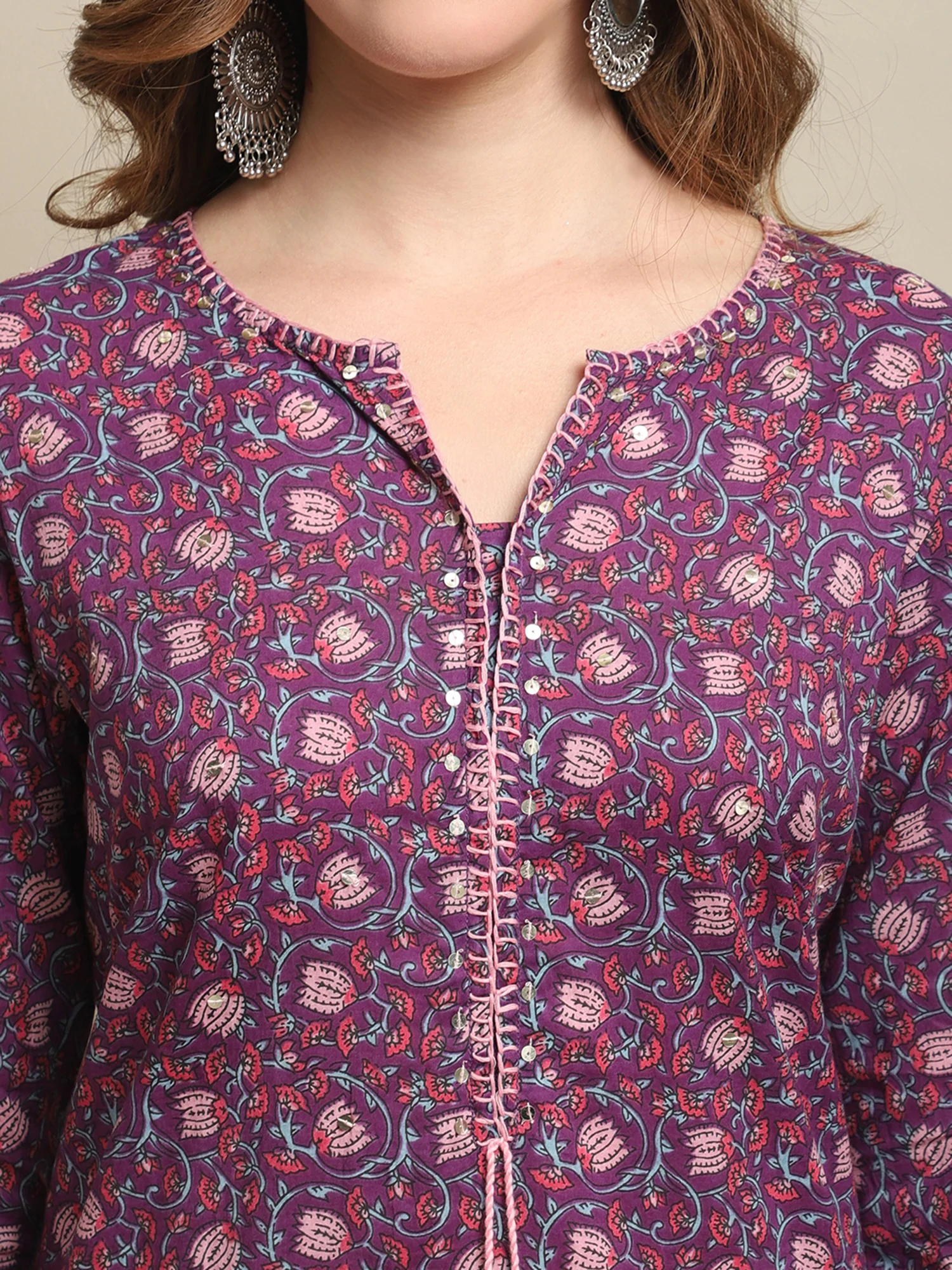Women's Casual Round neck Purple All over Printed Knee length Kurti - Image 6