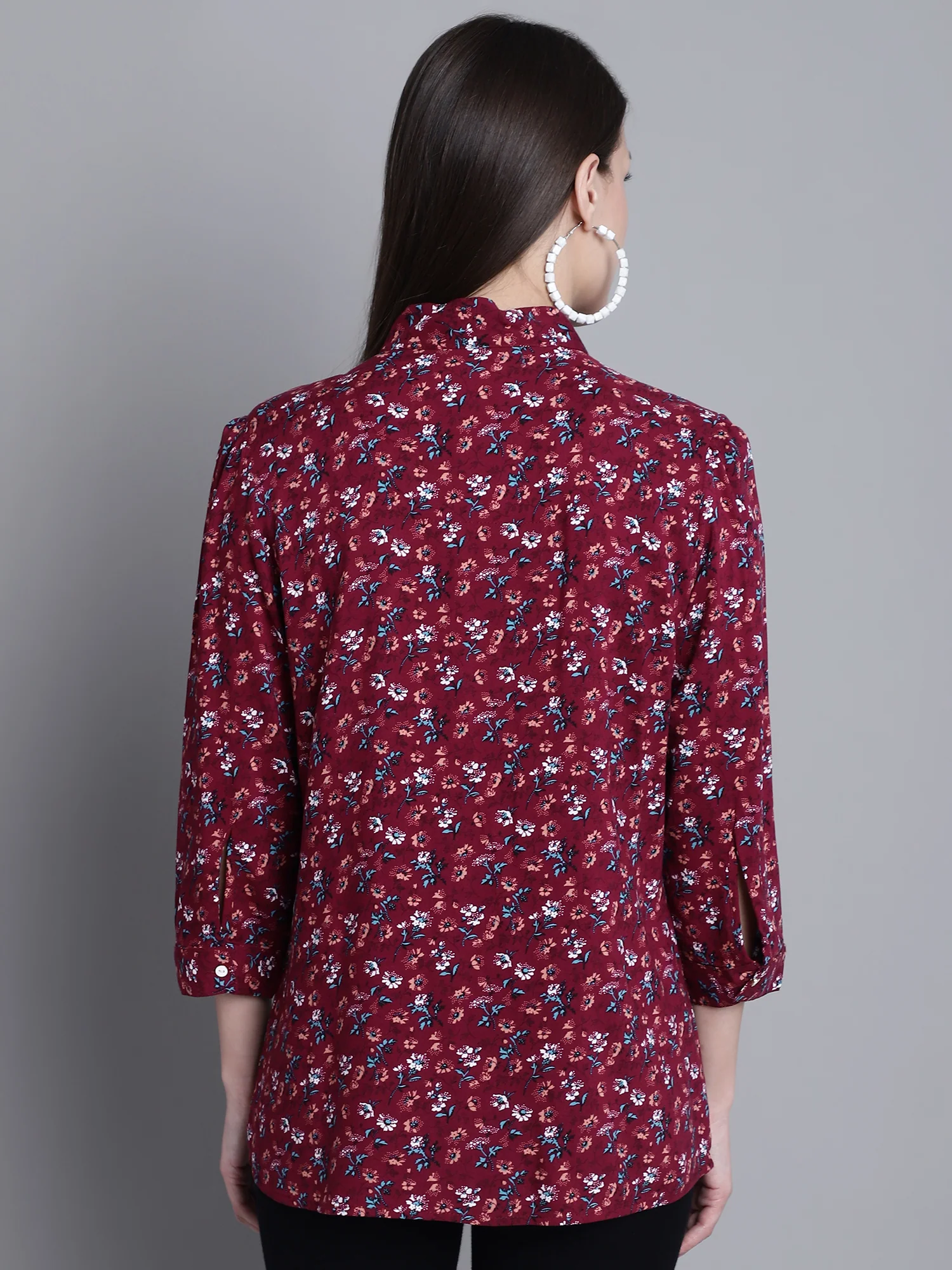 Women's Casual  Wine Floral Print Tie neck Top - Image 2