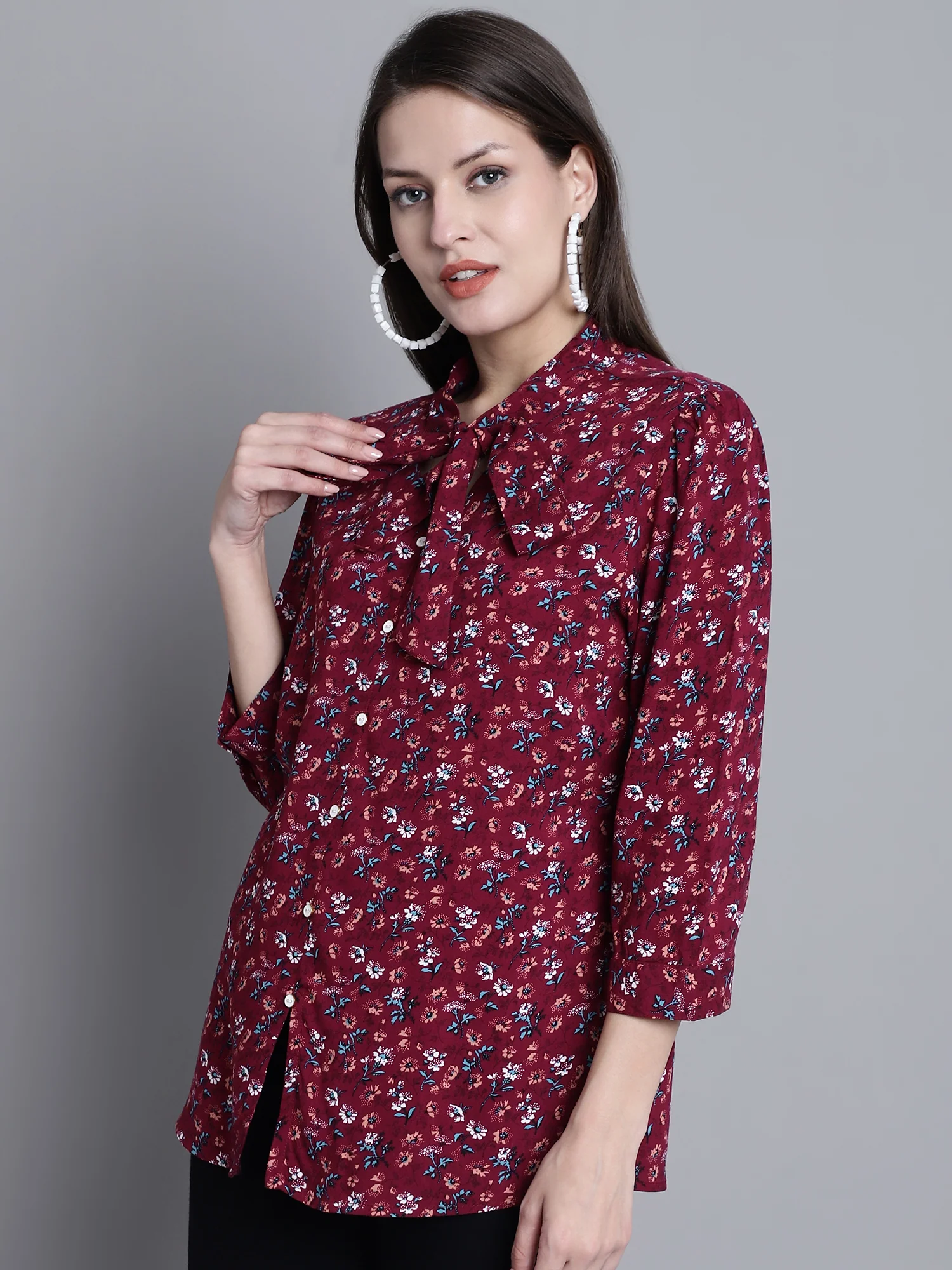 Women's Casual  Wine Floral Print Tie neck Top - Image 3