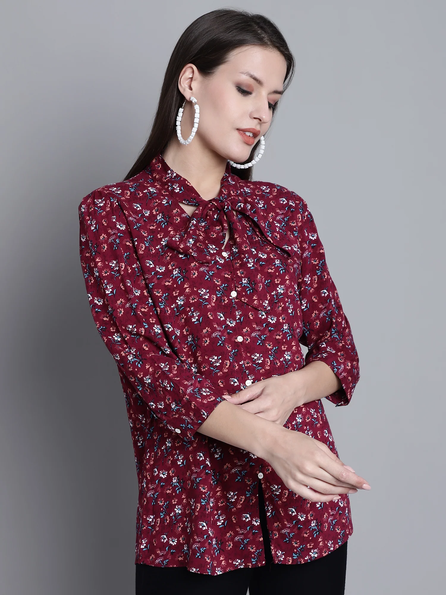 Women's Casual  Wine Floral Print Tie neck Top - Image 4