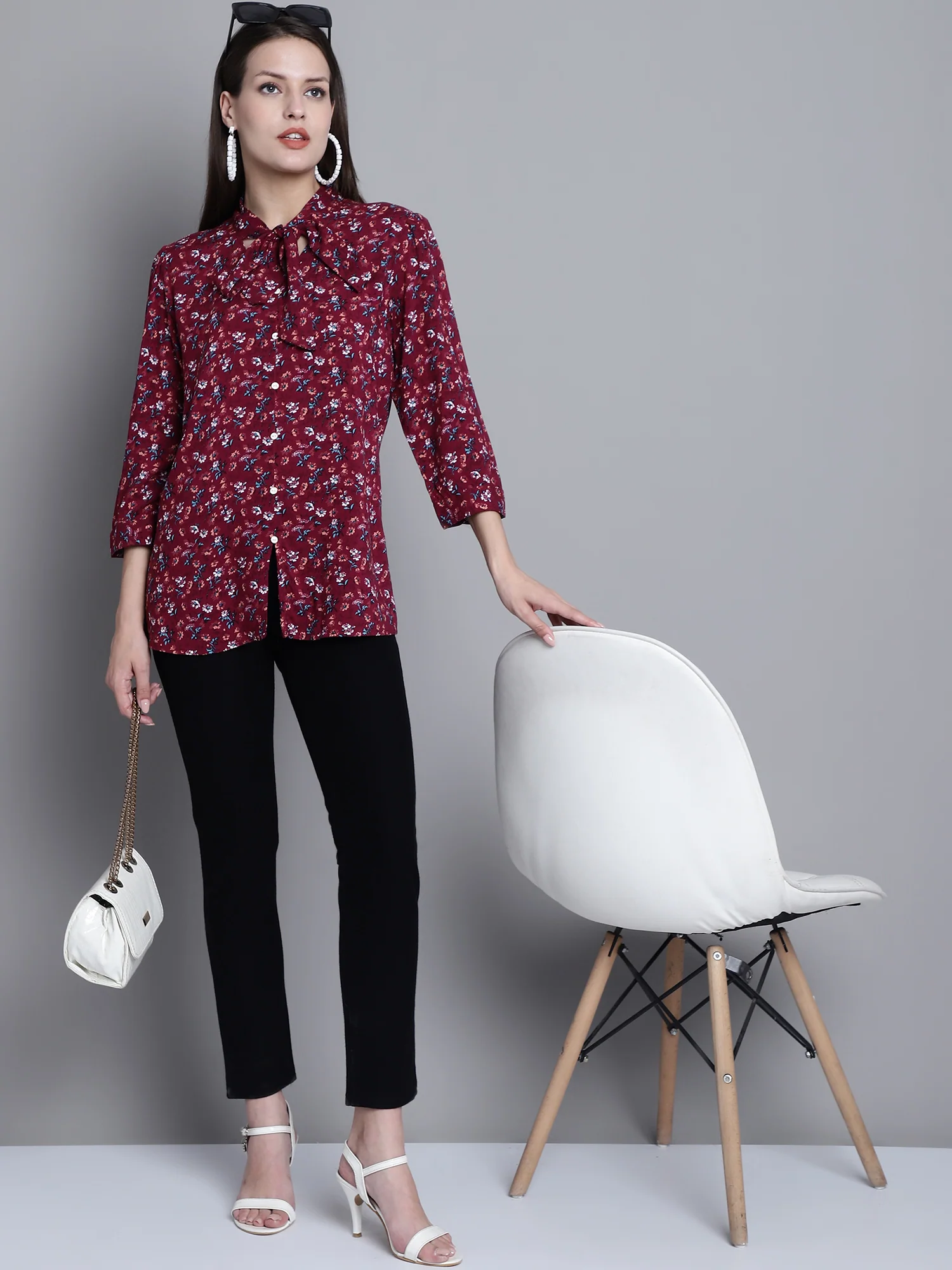 Women's Casual  Wine Floral Print Tie neck Top - Image 5