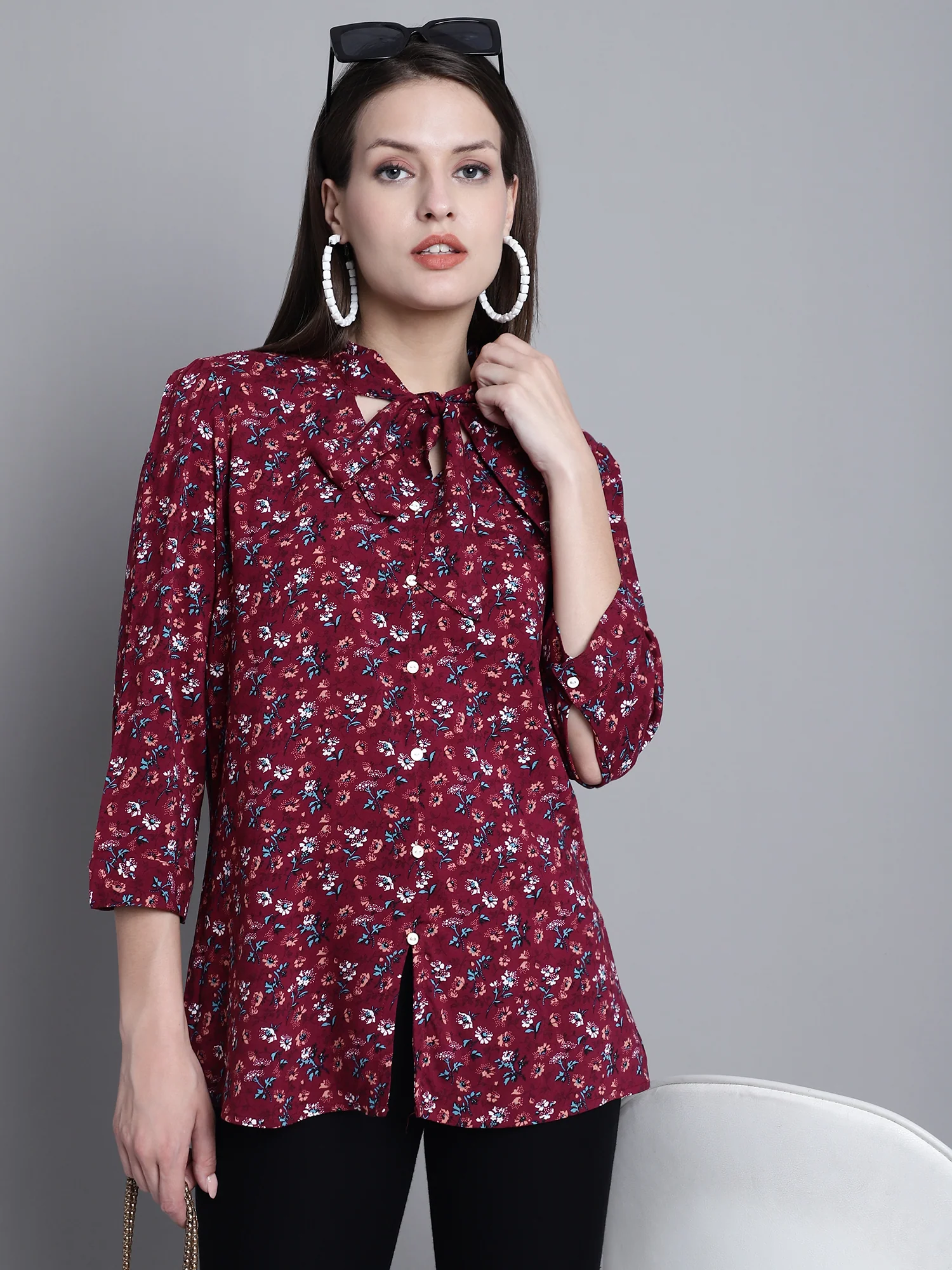 Women's Casual  Wine Floral Print Tie neck Top - Image 6