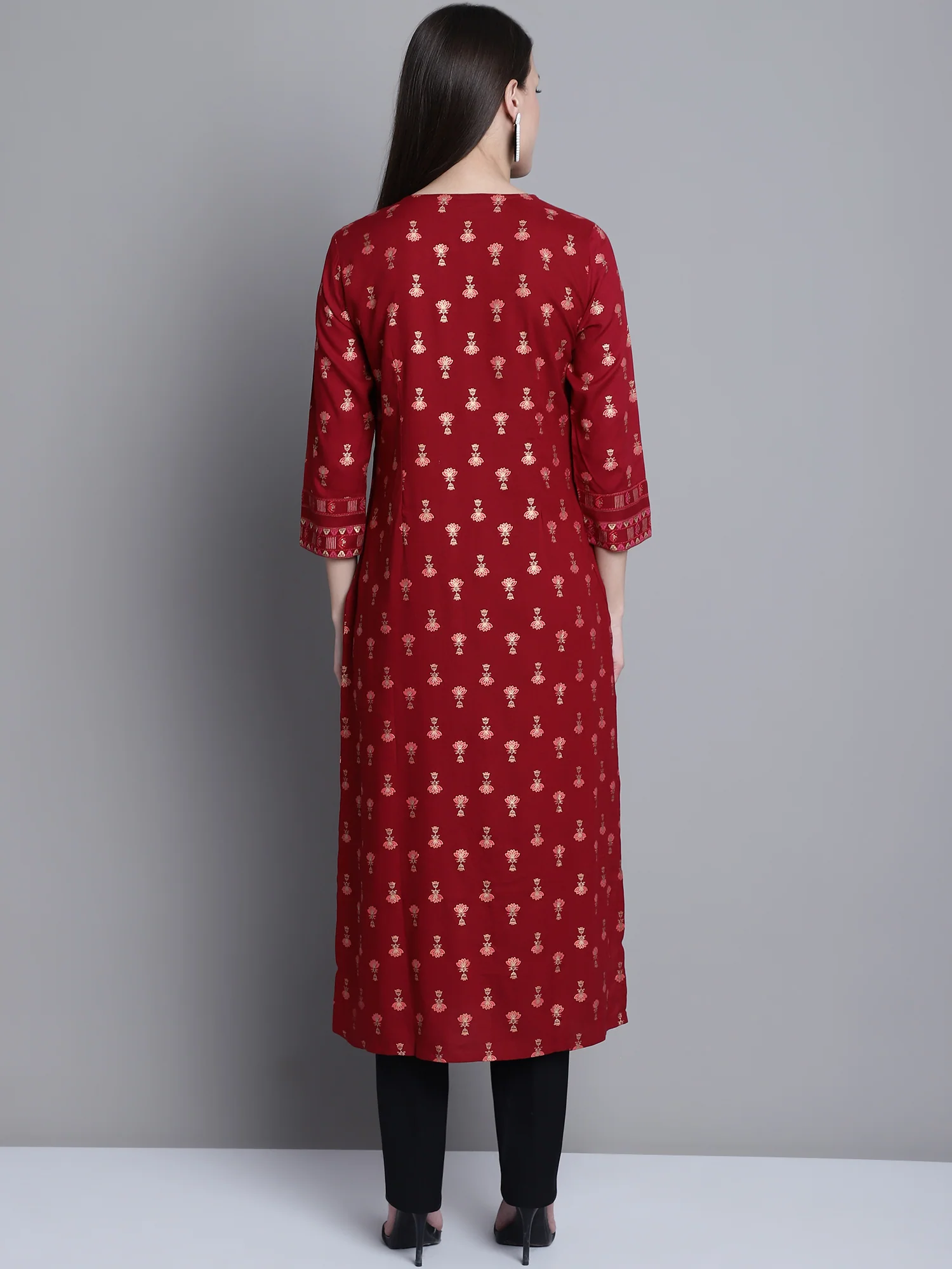 Women's Casual Round Neck Maroon All Over Printed Calf Length Knit Kurti - Image 2
