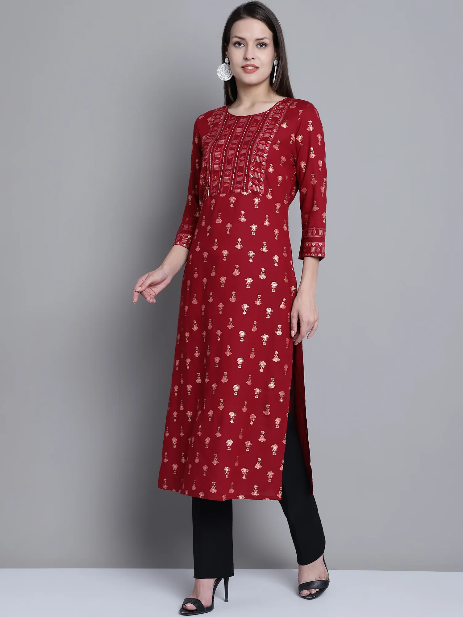 Women's Casual Round Neck Maroon All Over Printed Calf Length Knit Kurti - Image 3