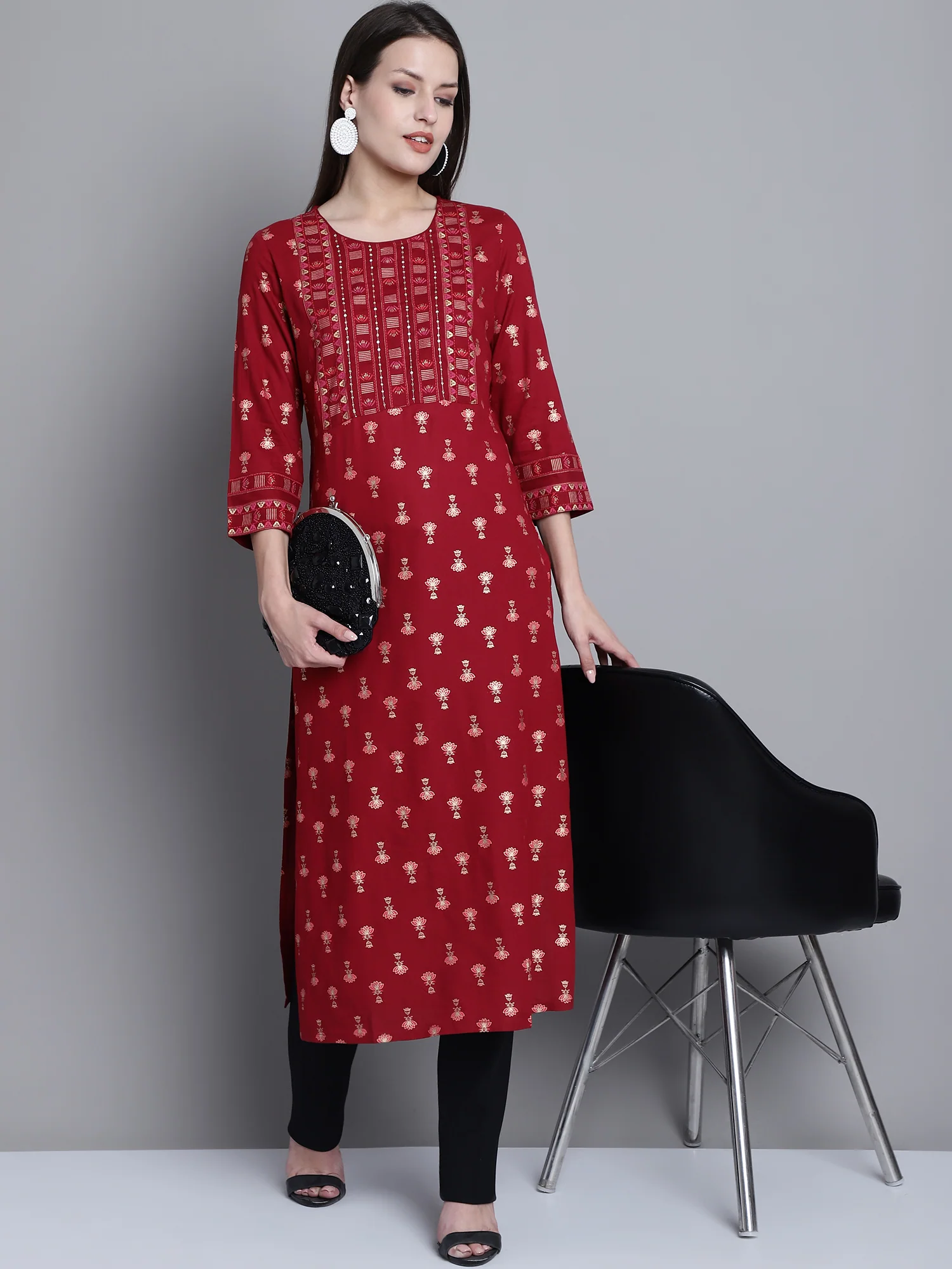 Women's Casual Round Neck Maroon All Over Printed Calf Length Knit Kurti - Image 5