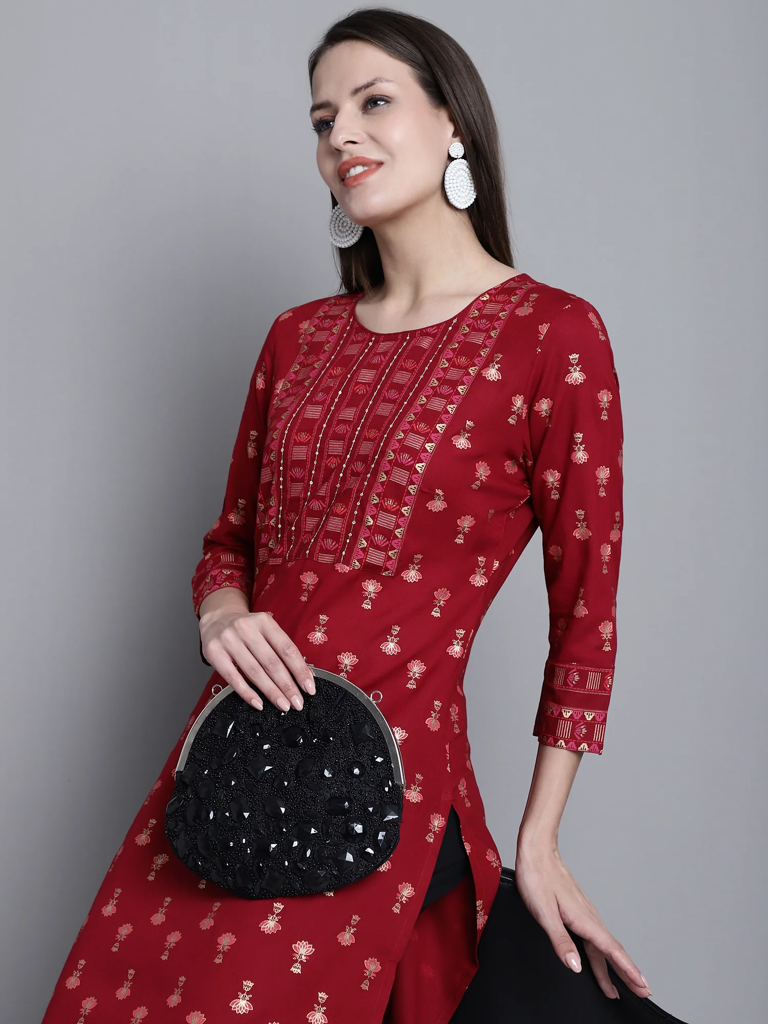 Women's Casual Round Neck Maroon All Over Printed Calf Length Knit Kurti - Image 6