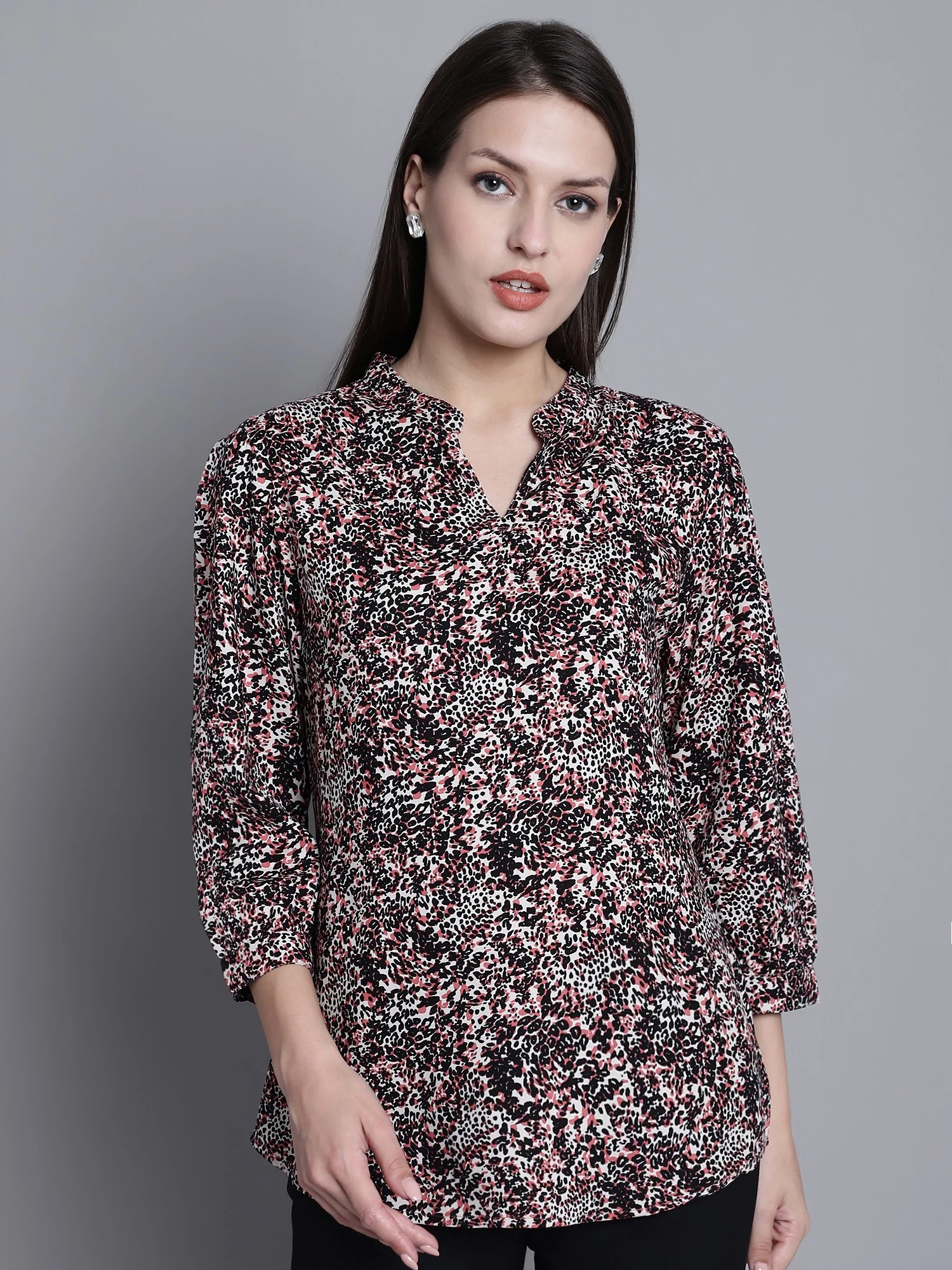 Women's Casual Multi Color Animal Print Mandarin Collar Top
