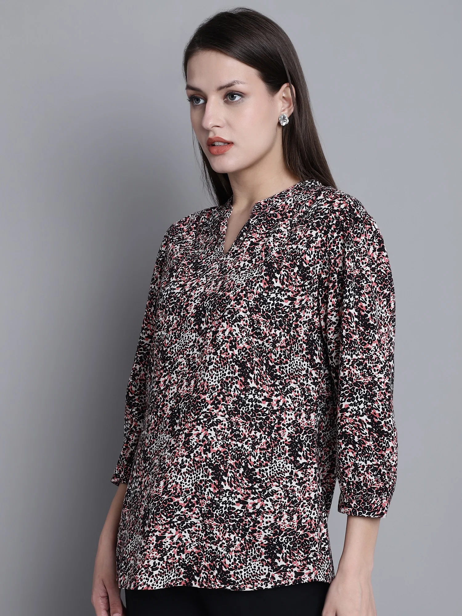 Women's Casual Multi Color Animal Print Mandarin Collar Top - Image 3