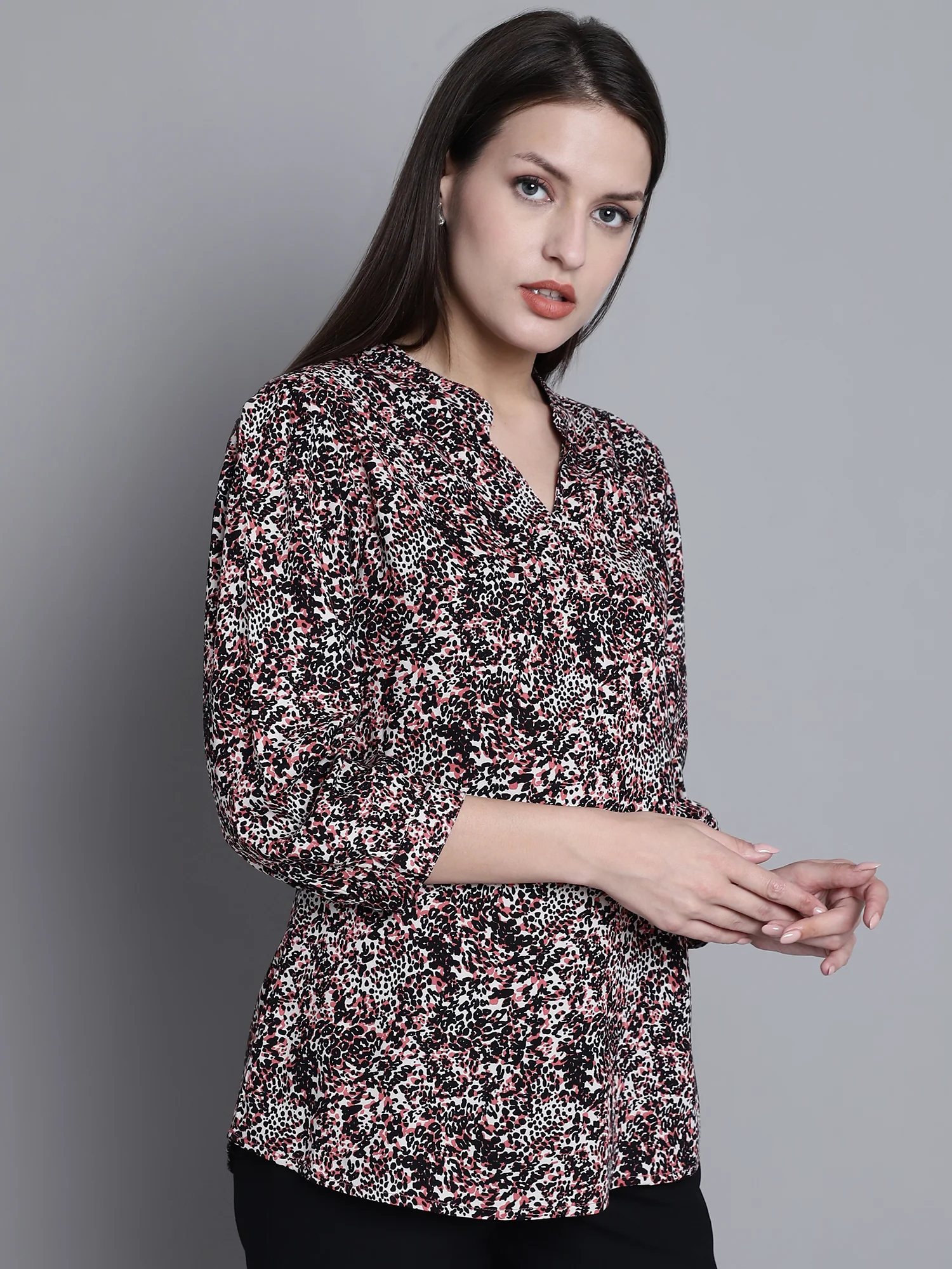 Women's Casual Multi Color Animal Print Mandarin Collar Top - Image 4