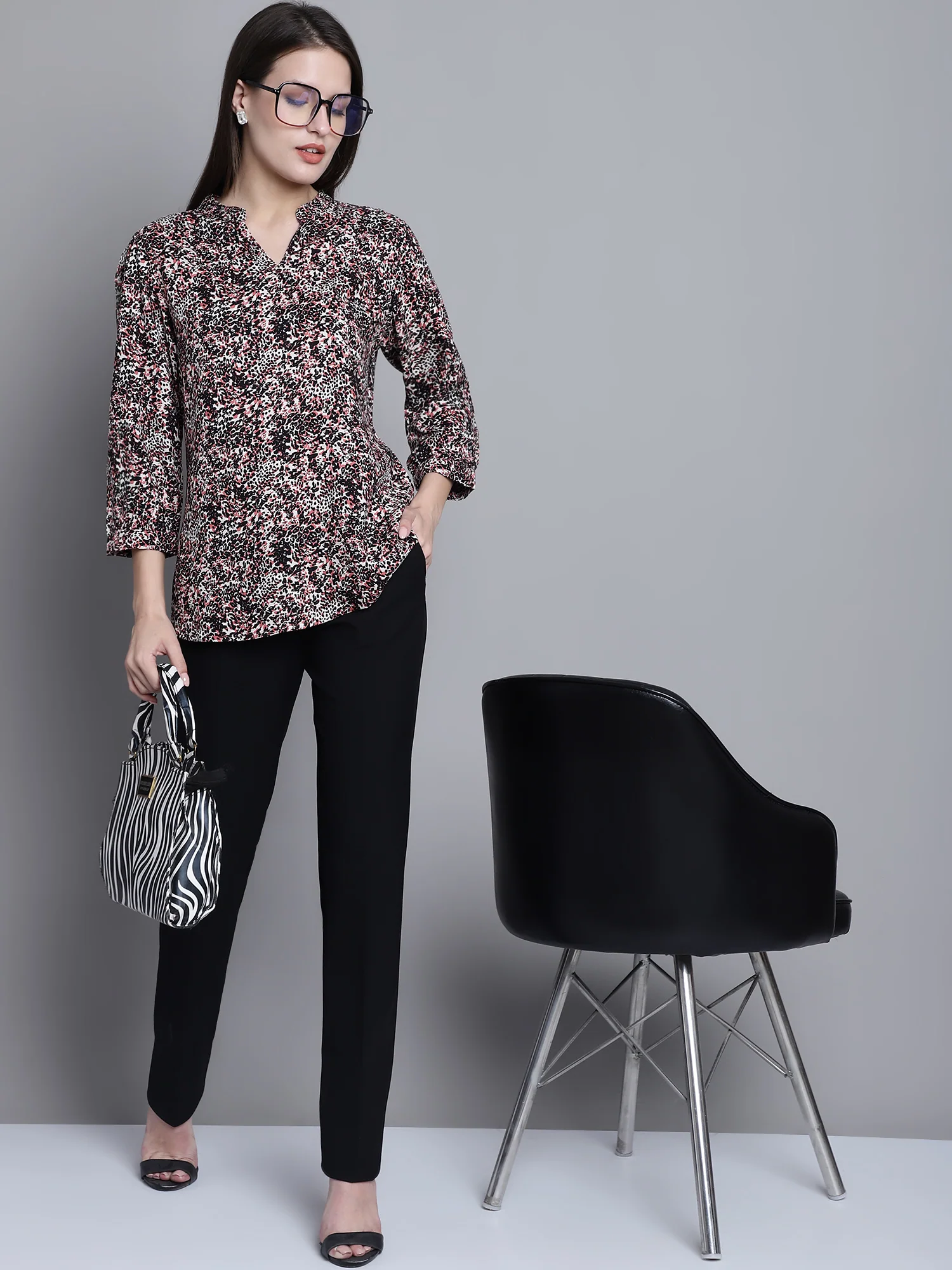 Women's Casual Multi Color Animal Print Mandarin Collar Top - Image 5