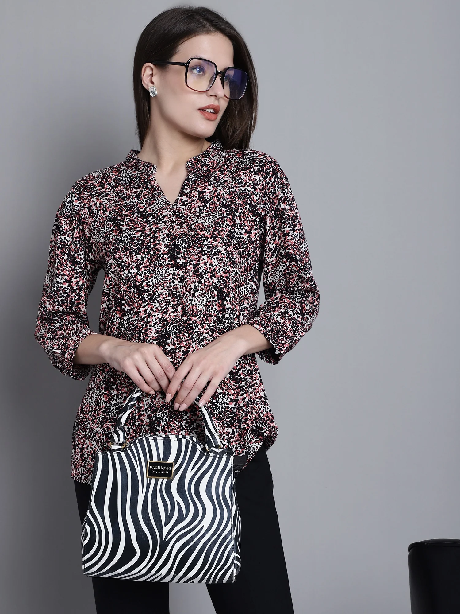 Women's Casual Multi Color Animal Print Mandarin Collar Top - Image 6